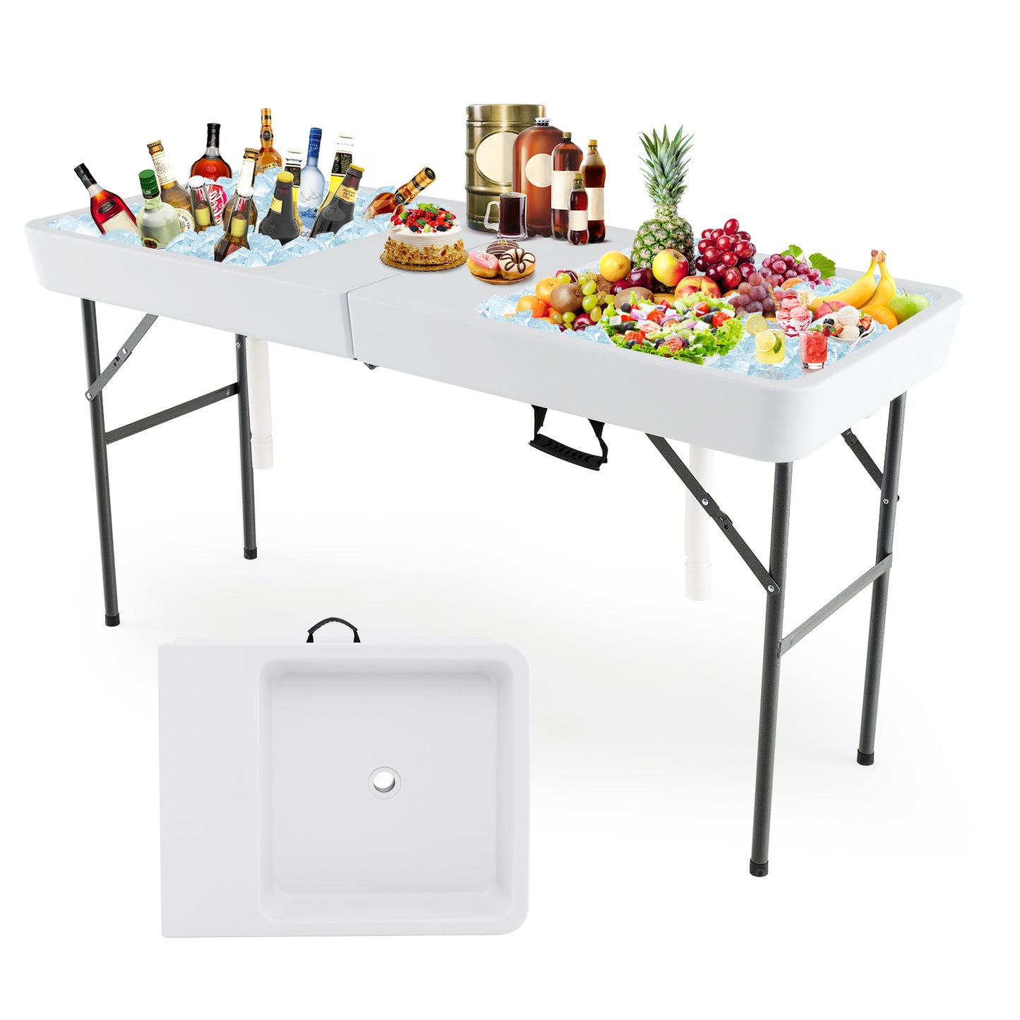 150CM Folding Ice Cooler Table with Double Sinks-White