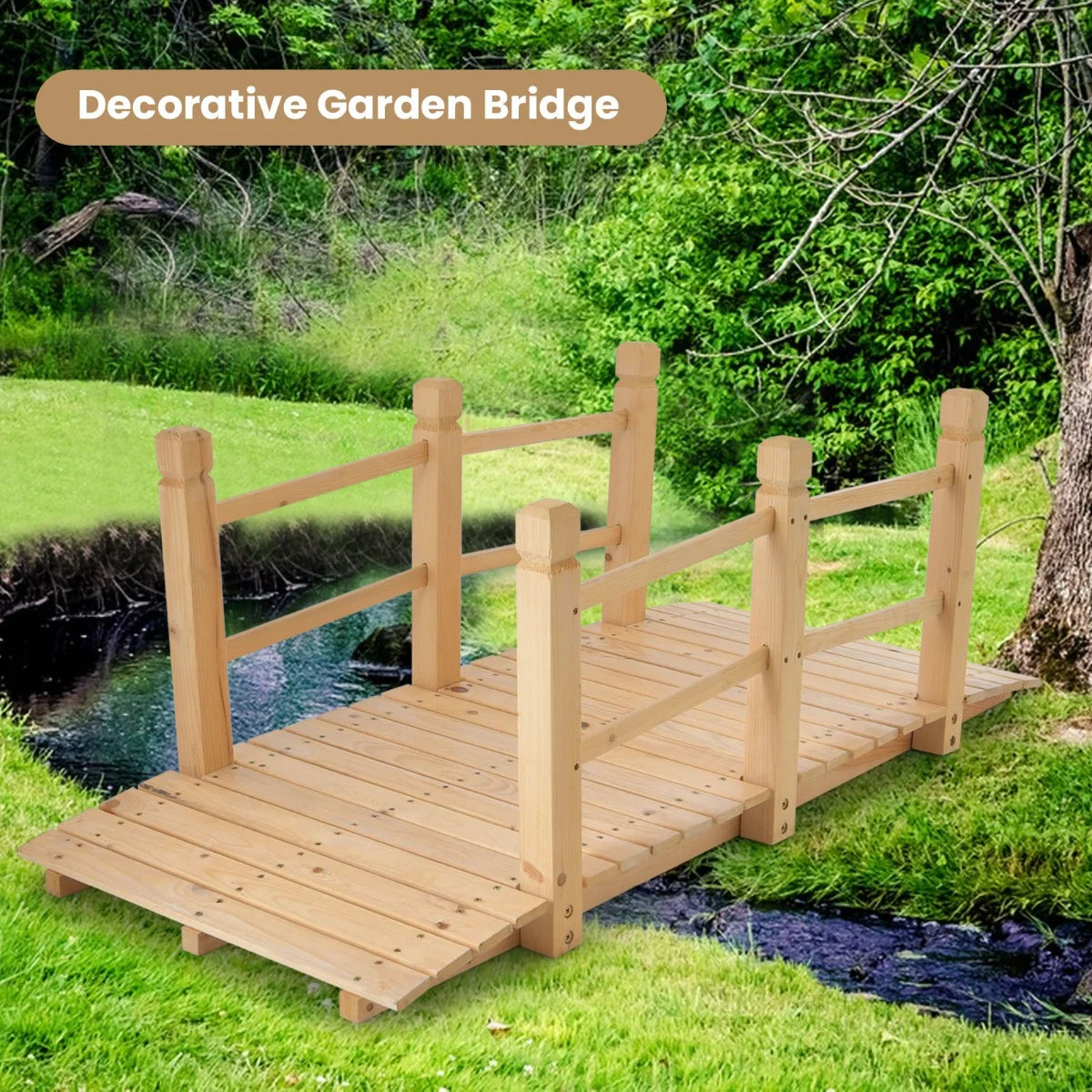 150 cm Wooden Garden Bridge with Double Safety Rails for Backyard Gravel Road-Brown