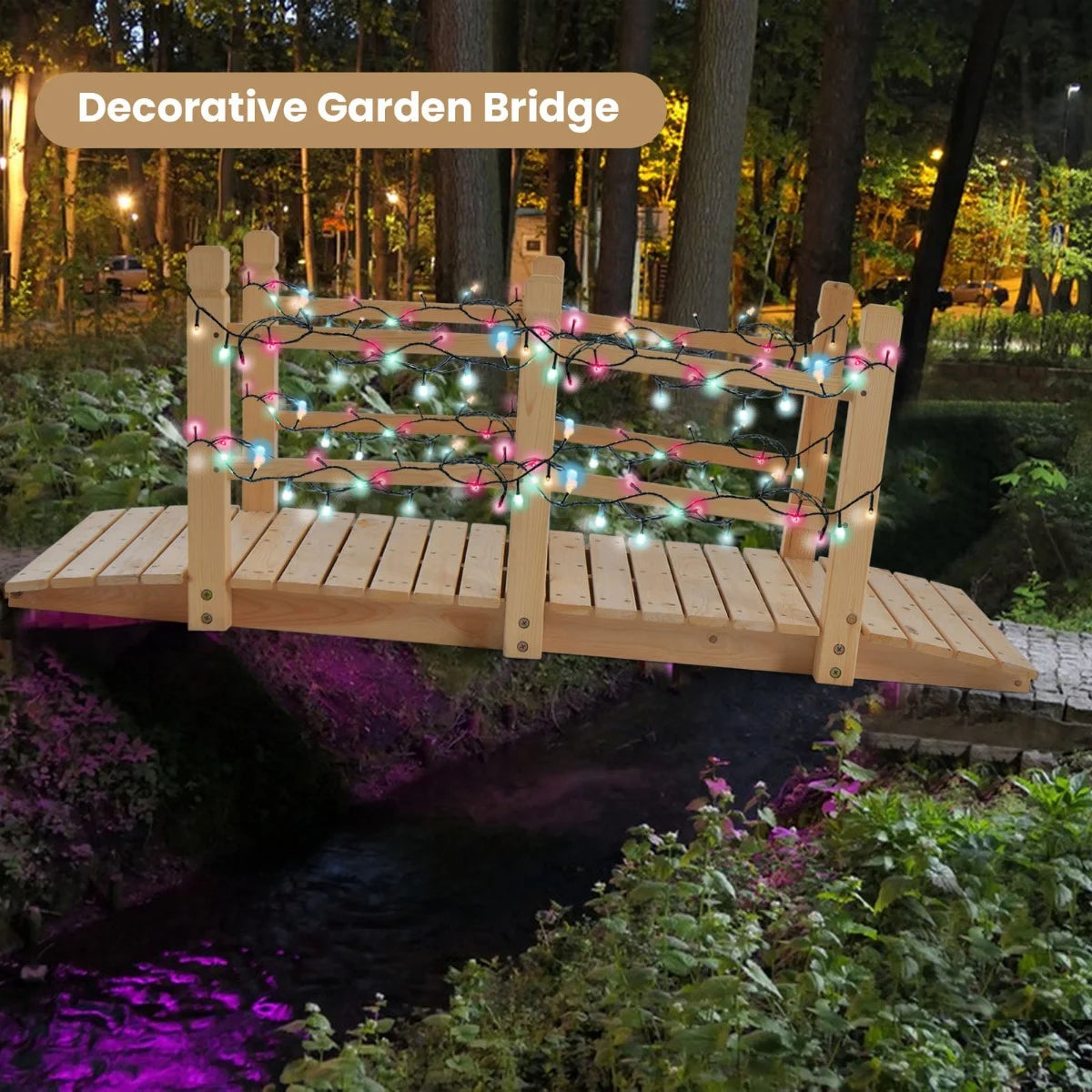 150 cm Wooden Garden Bridge with Double Safety Rails for Backyard Gravel Road-Brown