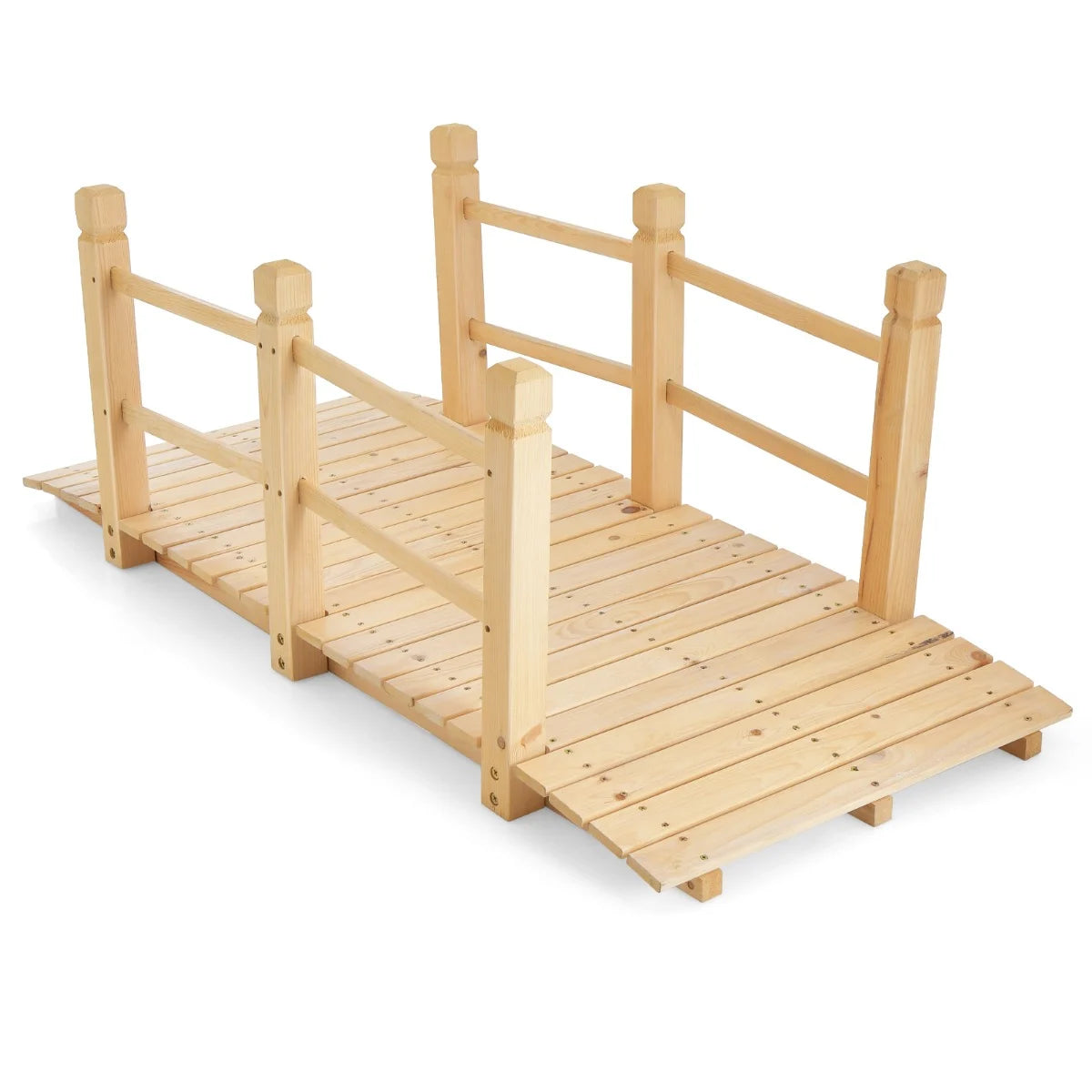 150 cm Wooden Garden Bridge with Double Safety Rails for Backyard Gravel Road-Brown
