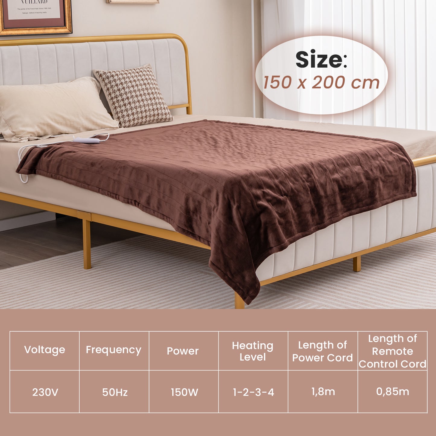 150 x 200 cm Electric Heated Blanket with 4 Heating Levels-Blue
