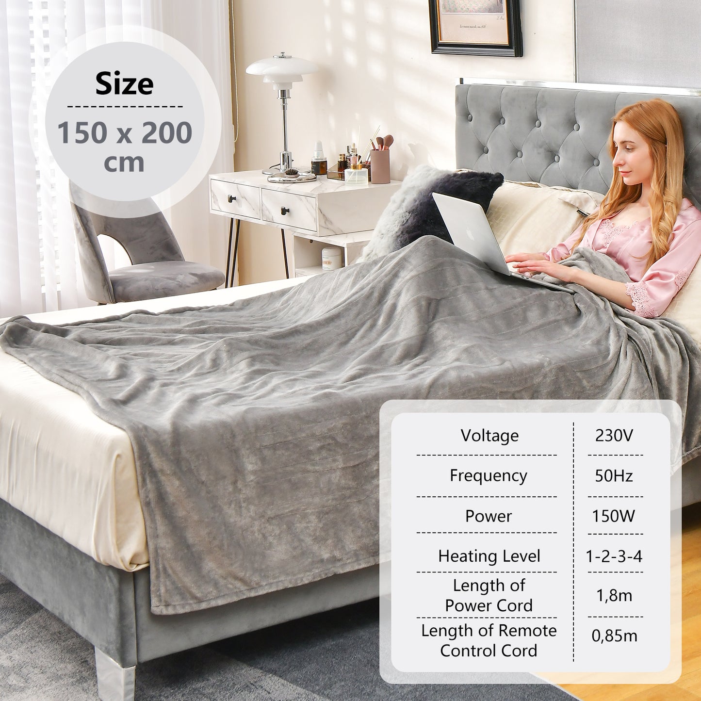 150 x 200 cm Electric Heated Blanket with 4 Heating Levels-Blue