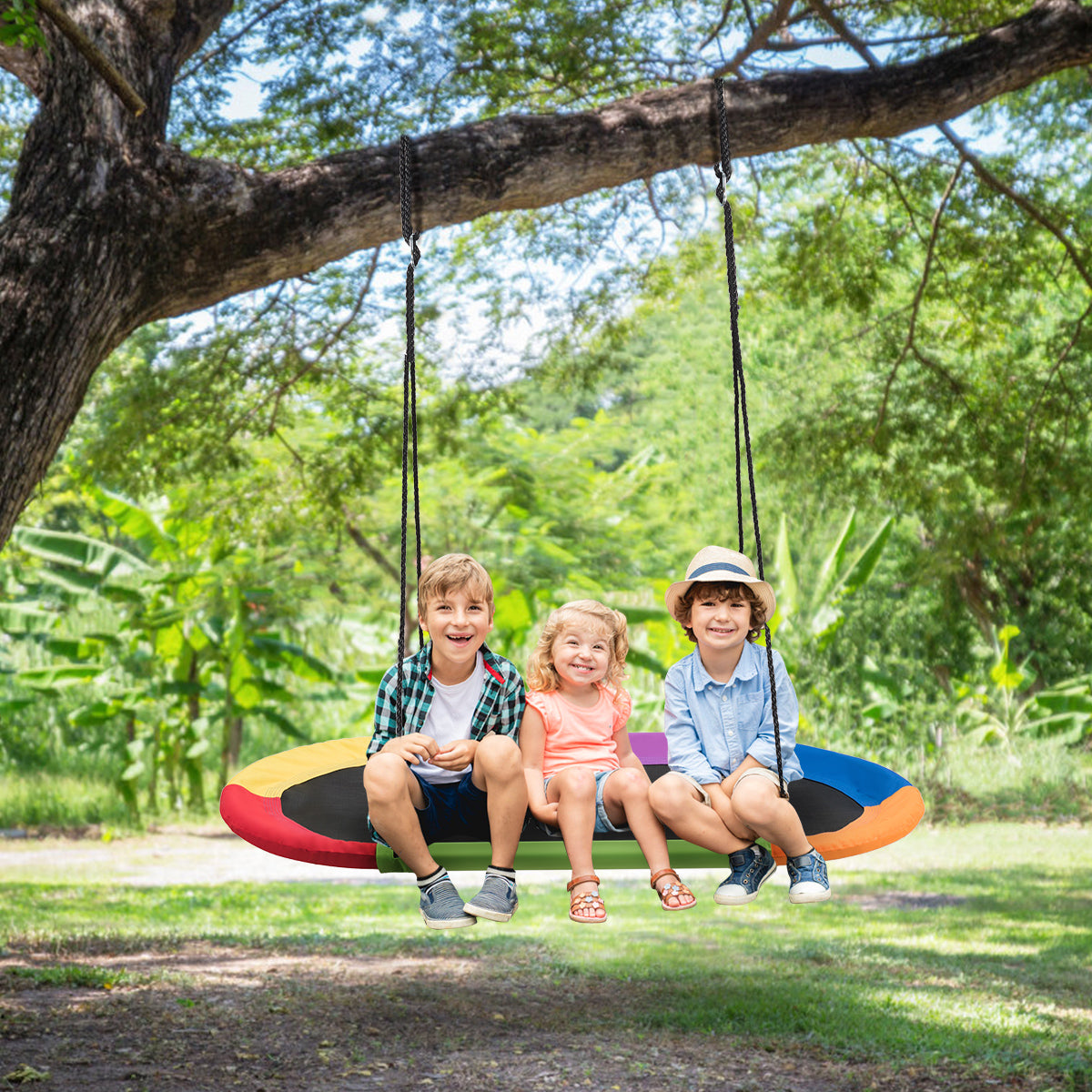 150 cm Oval Swing with Height-Adjustable Rope for Outdoor Indoor-Blue