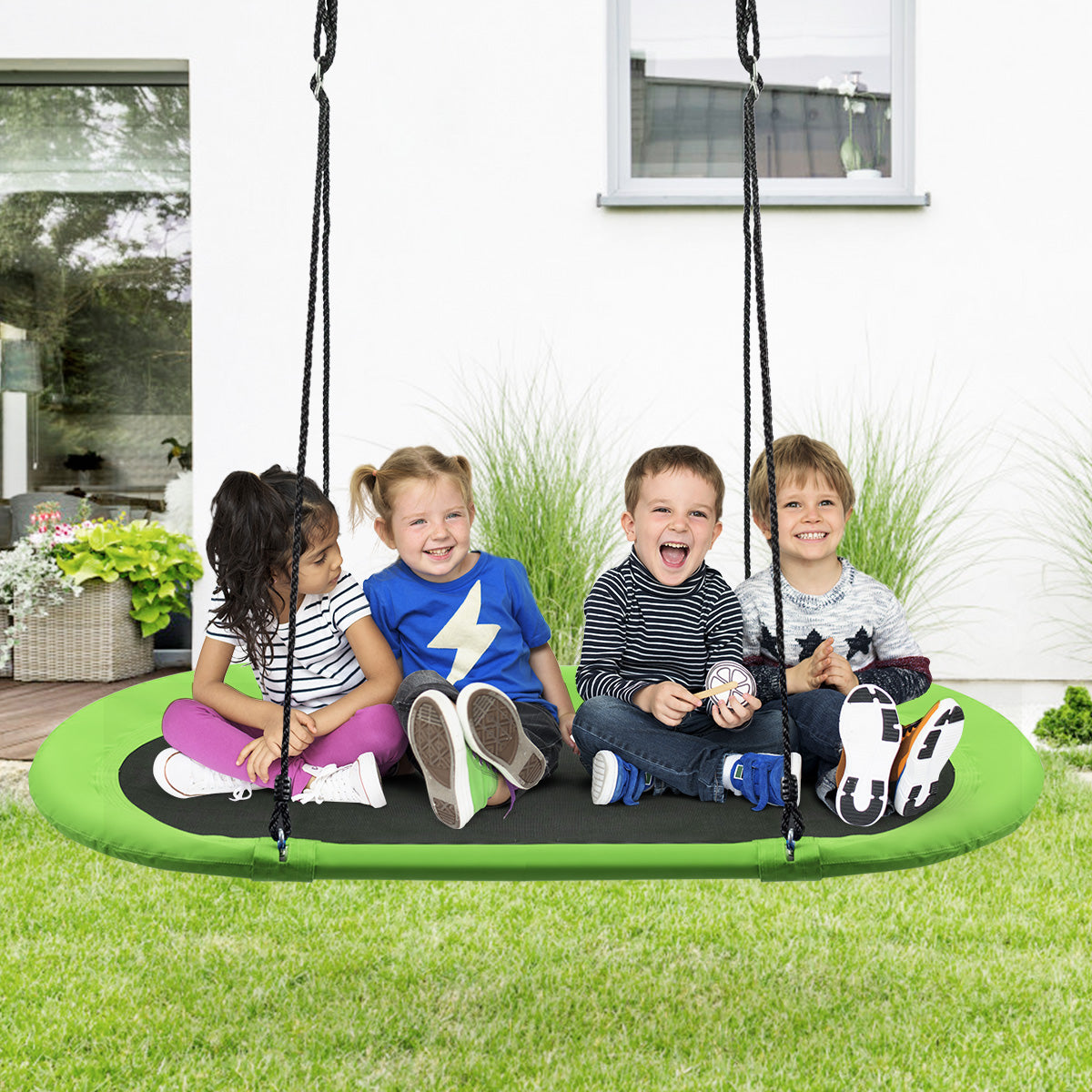 150 cm Oval Swing with Height-Adjustable Rope for Outdoor Indoor-Blue