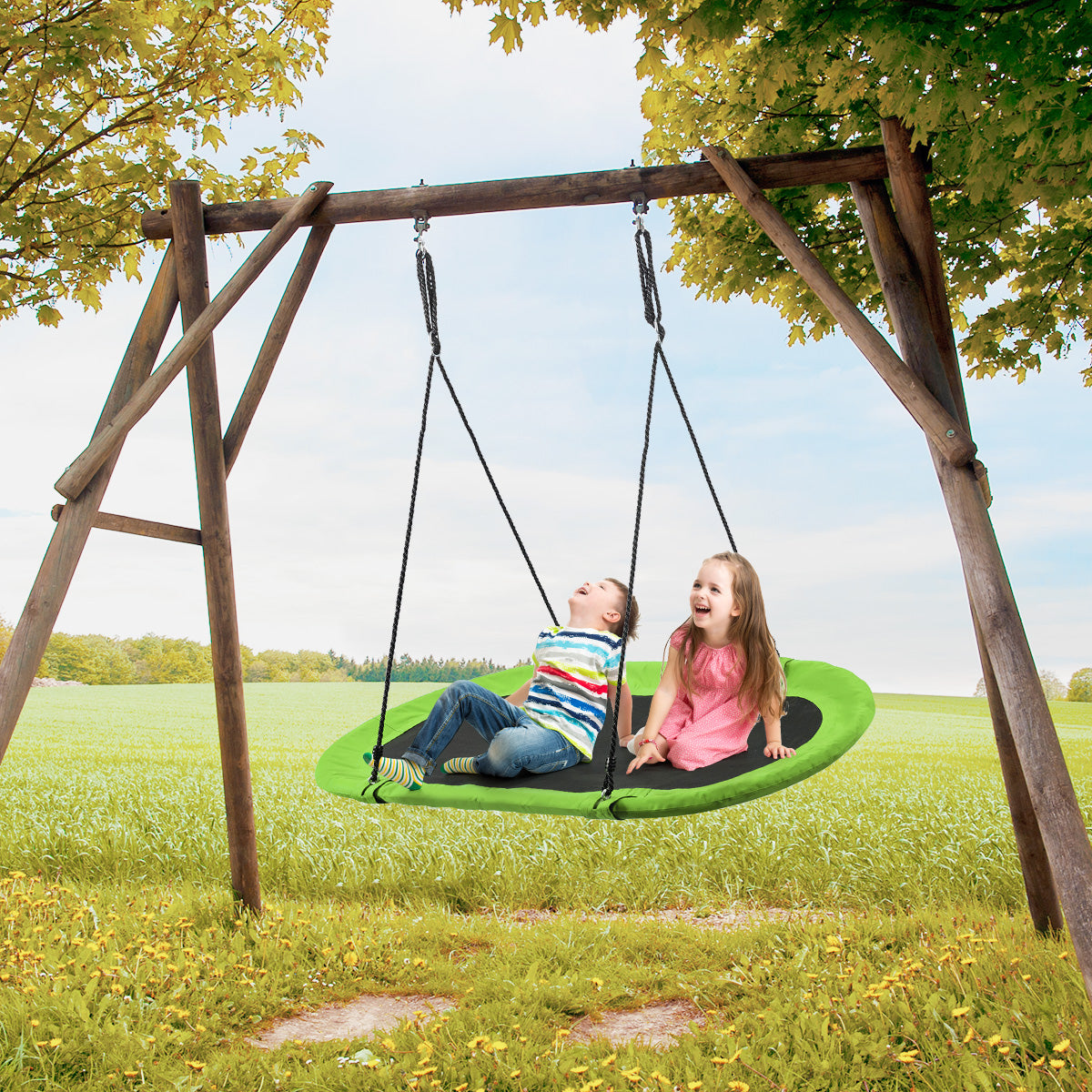 150 cm Oval Swing with Height-Adjustable Rope for Outdoor Indoor-Blue