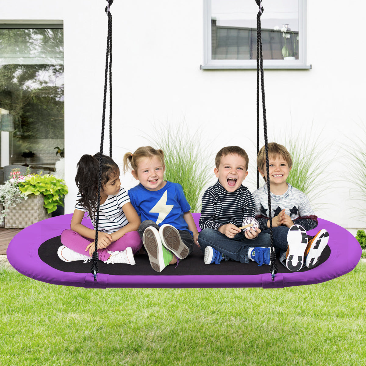 150 cm Oval Swing with Height-Adjustable Rope for Outdoor Indoor-Blue