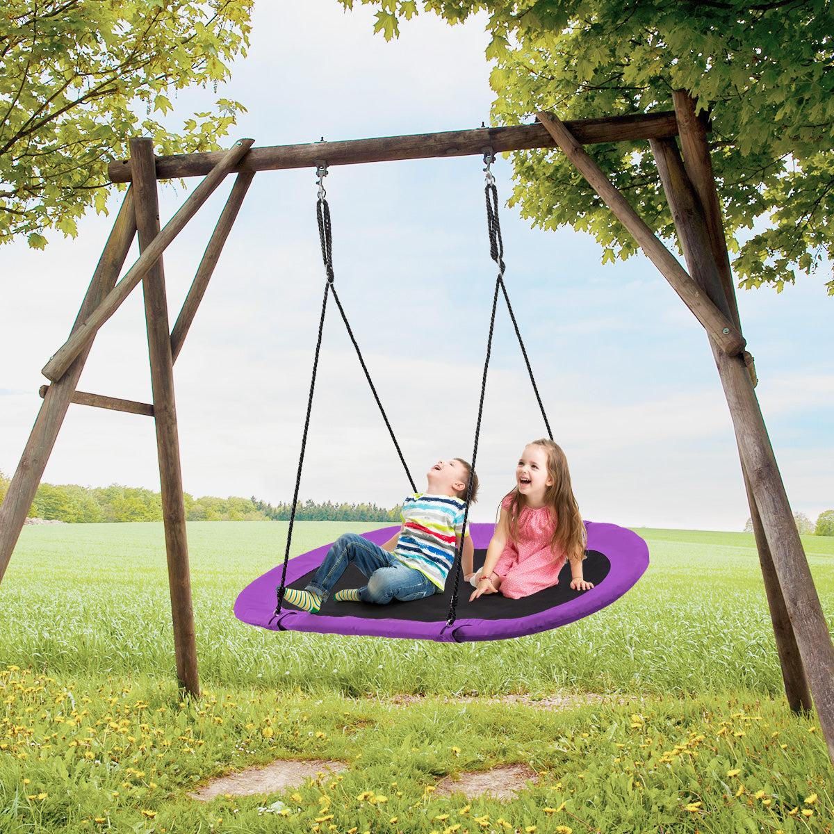 150 cm Oval Swing with Height-Adjustable Rope for Outdoor Indoor-Blue