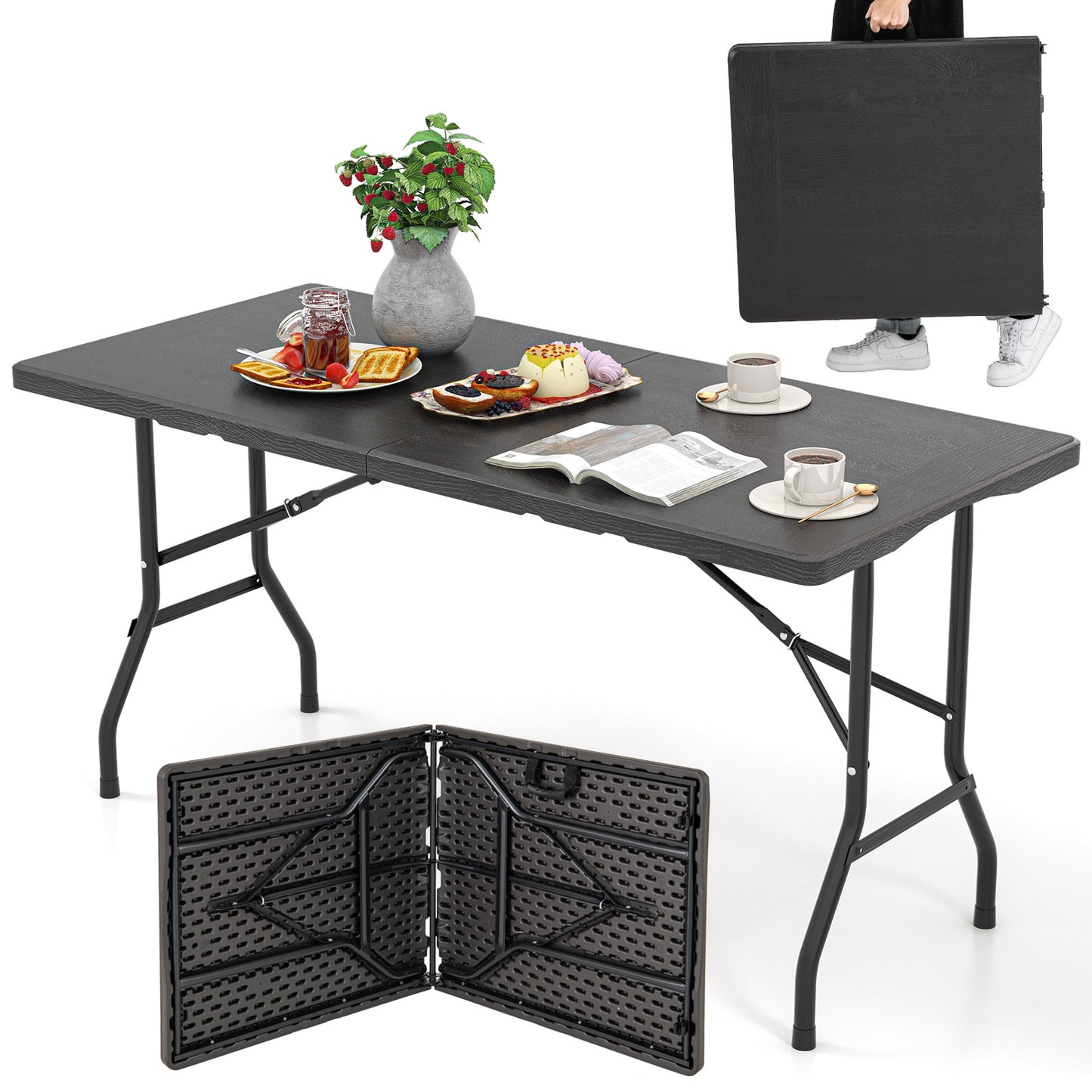 152 cm Portable Folding Picnic Table Patio Dining Table with HDPE Tabletop-Black