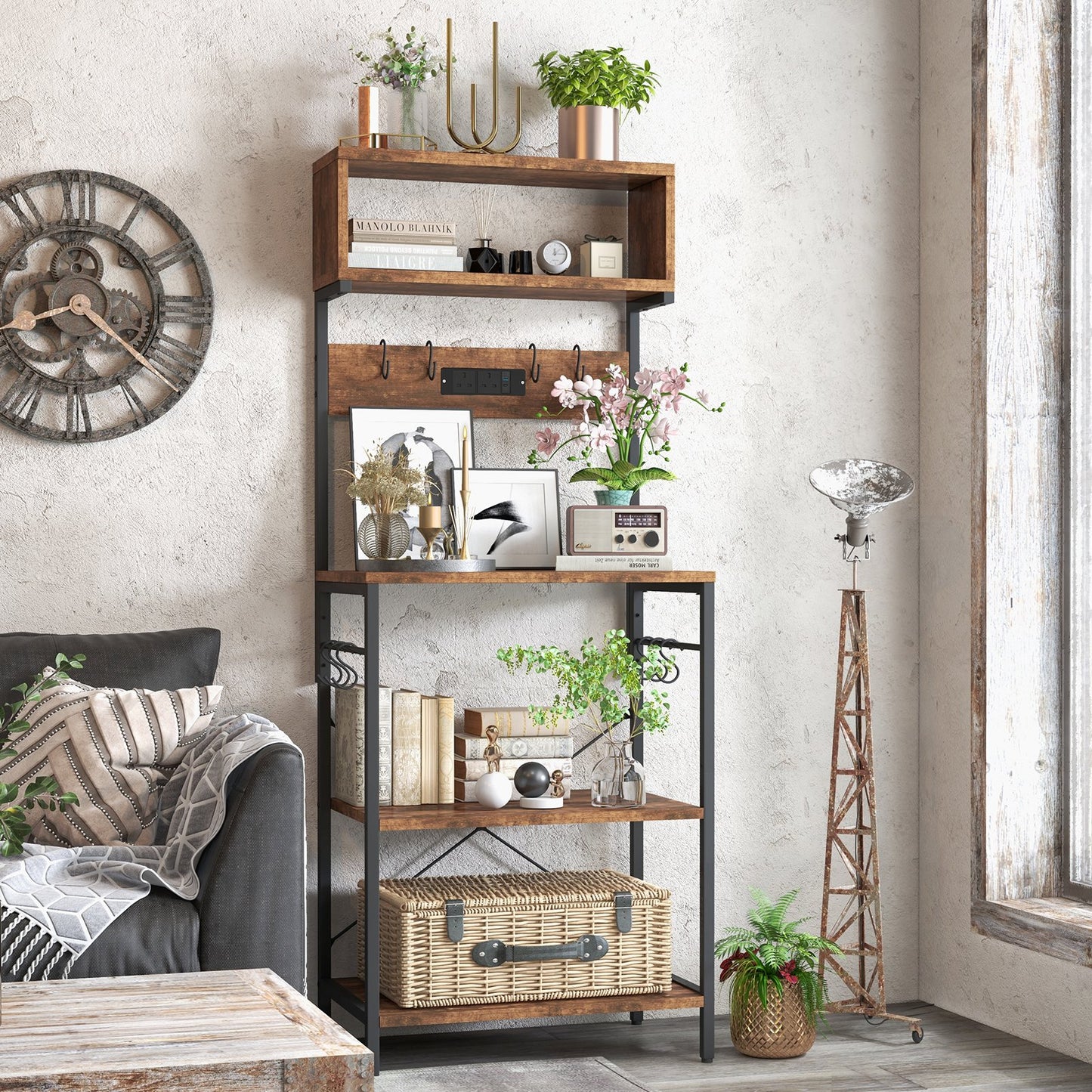 153 cm Tall Microwave Stand Kitchen Bakers Rack with Power Outlet-Rustic Brown
