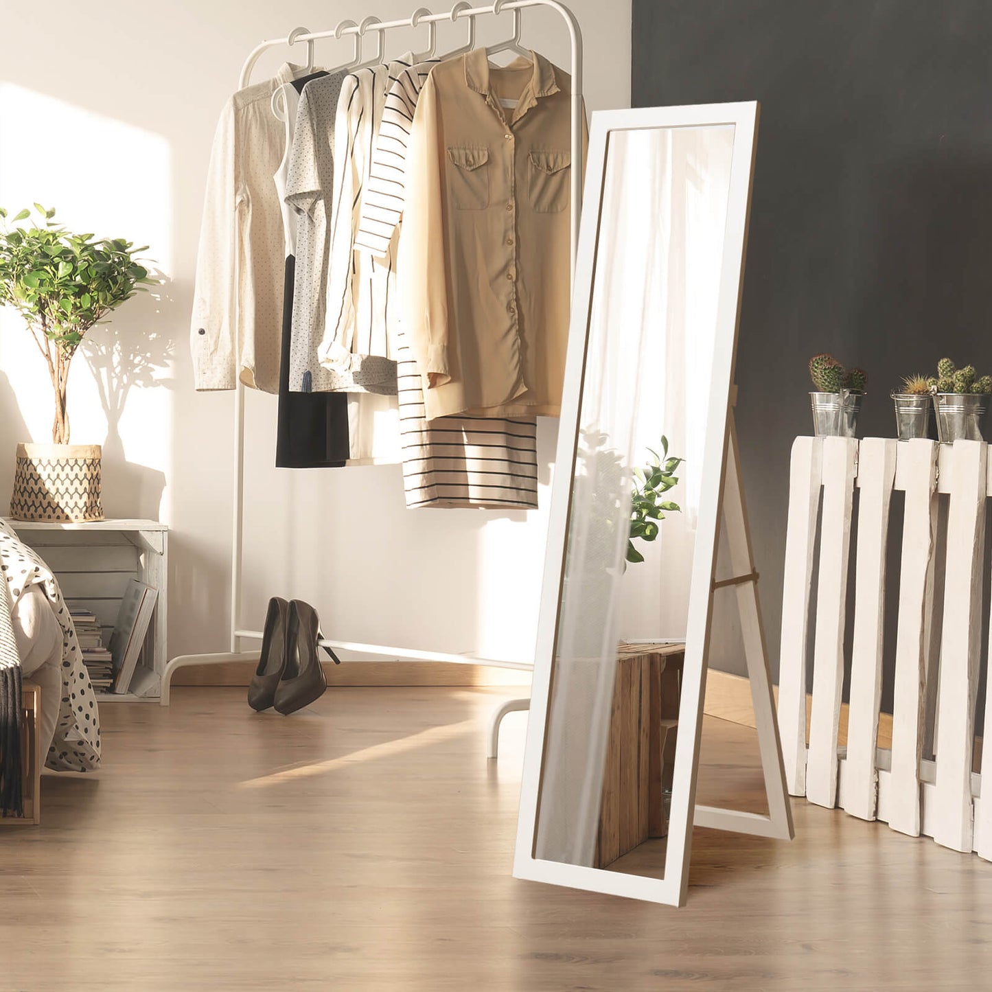 153 x 37 cm Wooden Frame Rectangle Full Length Mirror-Natural