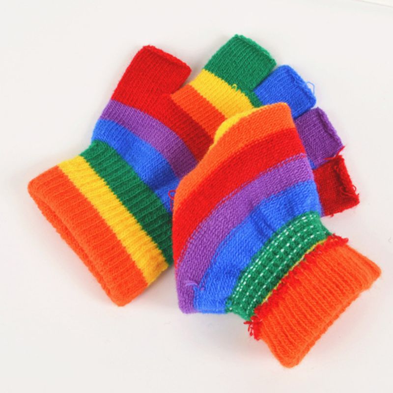 Rainbow Striped Fingerless Gloves - Half Finger Knit Mittens