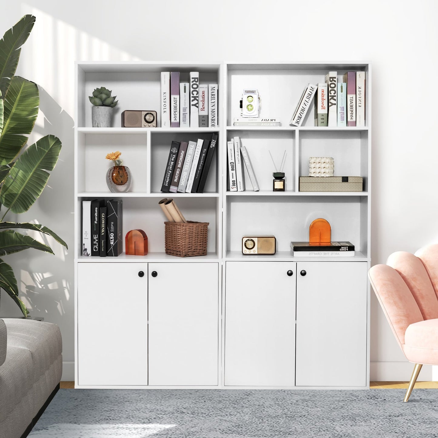 155 CM 5-Tier Bookcase Tall Bookshelf with Double Doors and Open Cubes-White