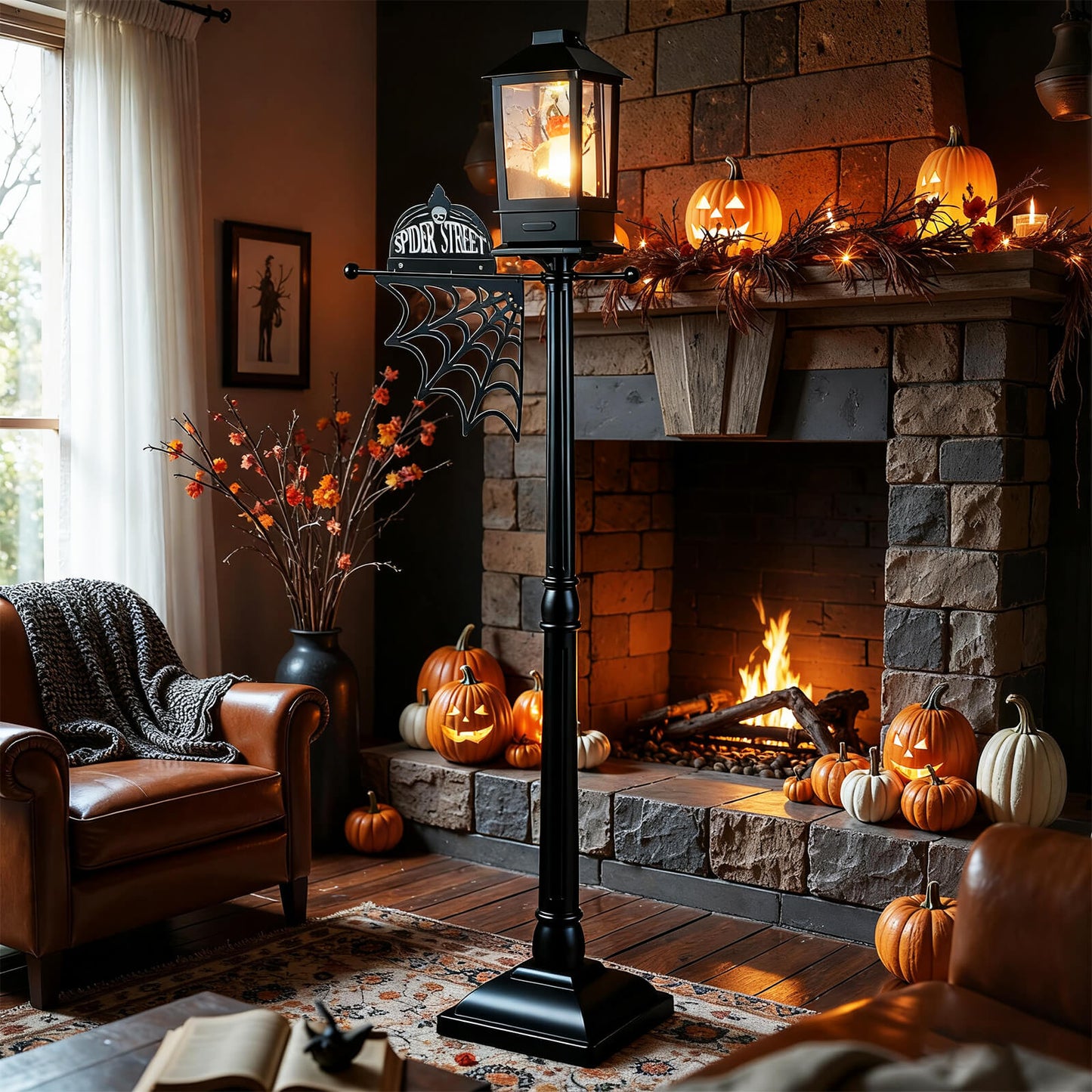 155 cm Halloween Lamp Post Sound-Activated with Black Snowy Effects-Black