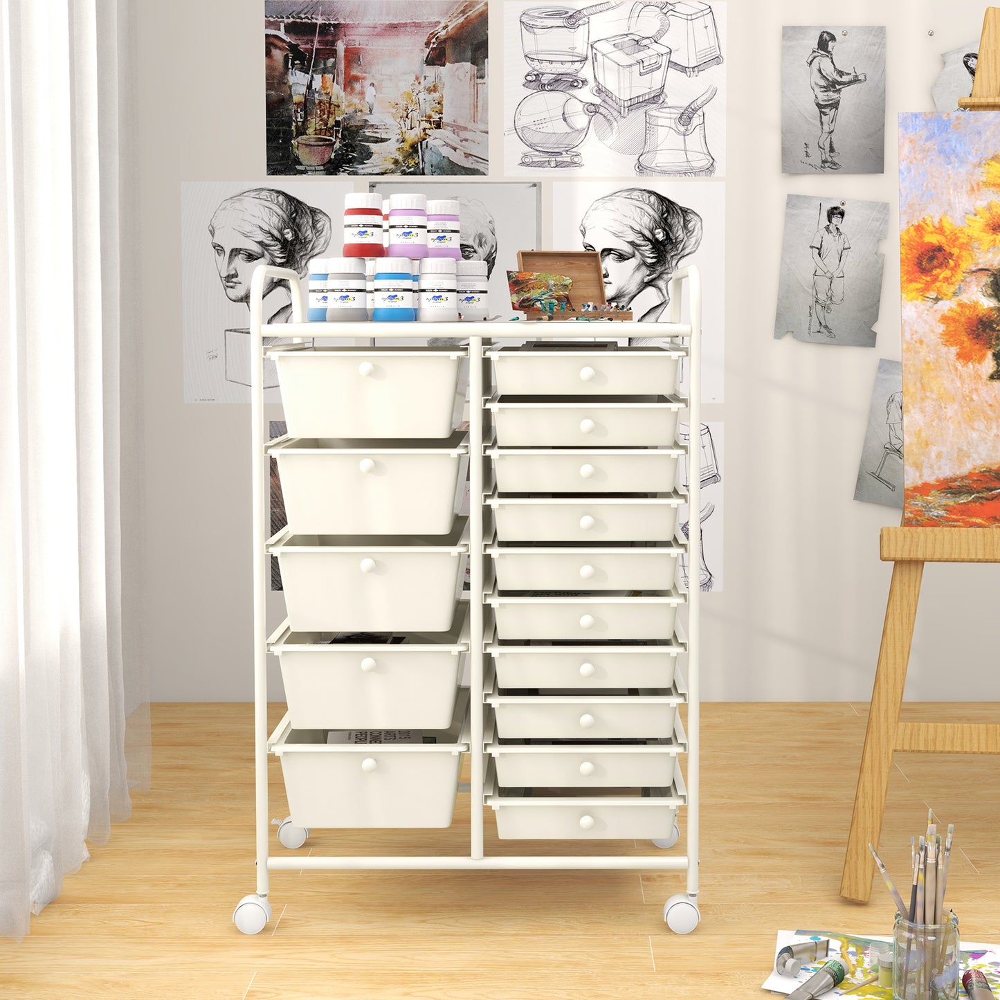 15 Drawer Rolling Storage Cart with 4 Wheels for Beauty Salon-Black