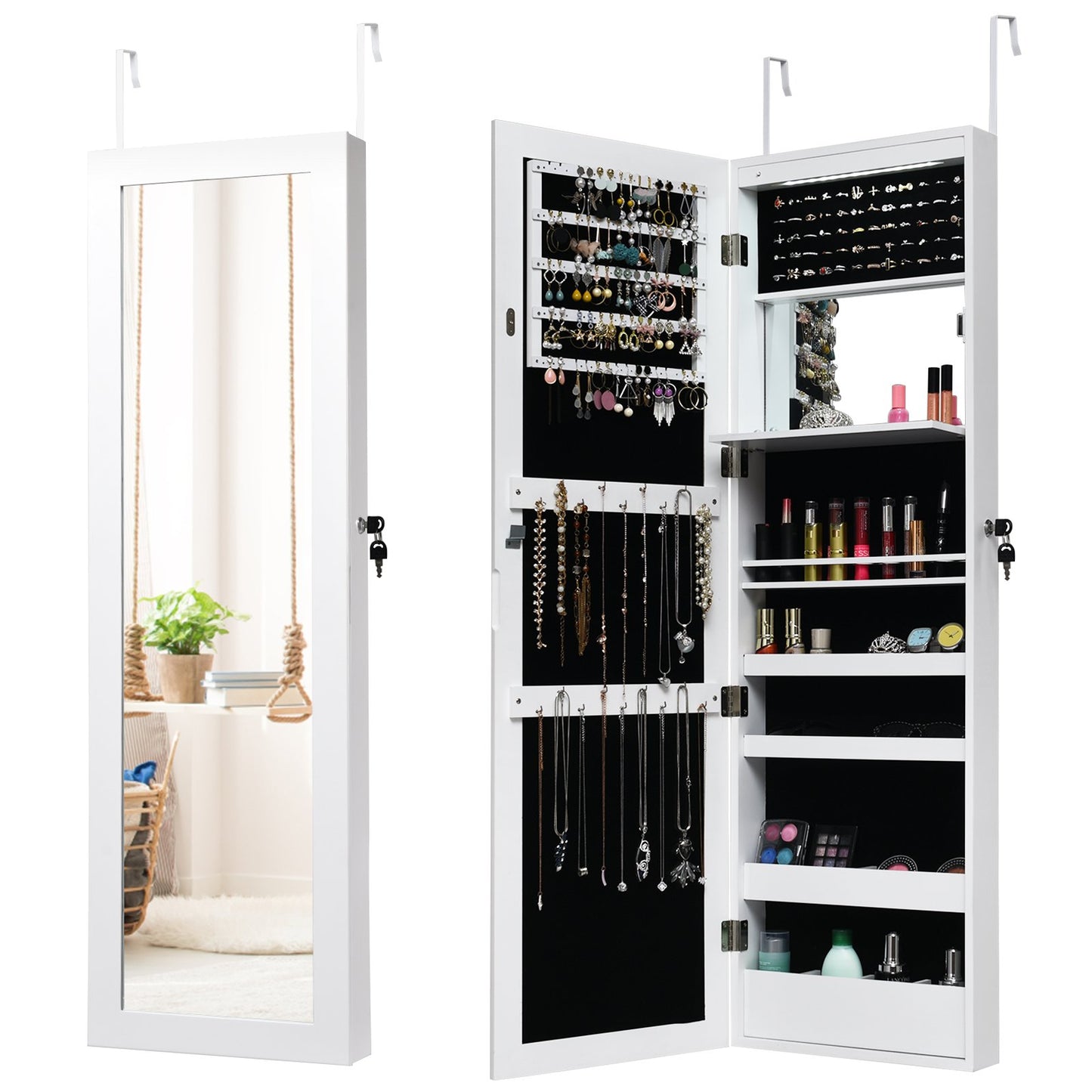 120cm Full Length Lockable Mirror Jewelry Cabinet with 15 LEDs-Black