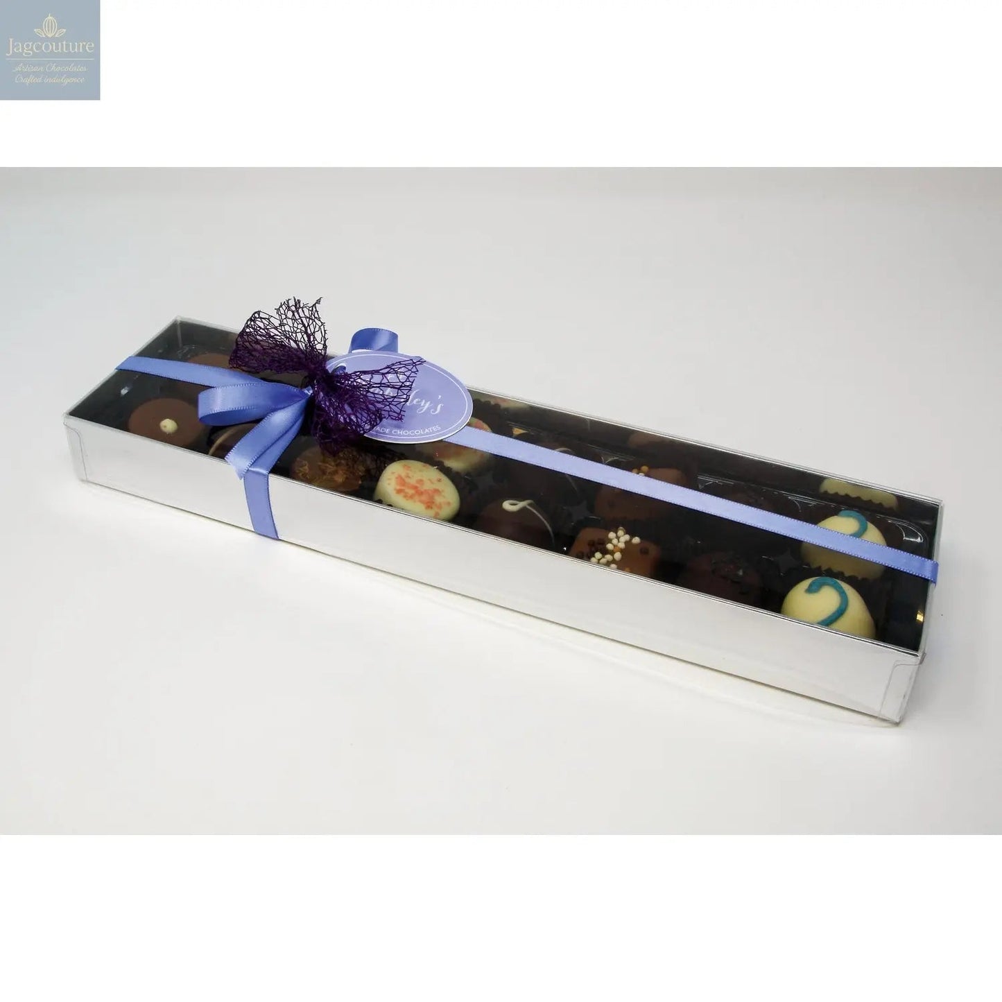 16 handmade English truffles and chocolates in silver gift box with menu tag