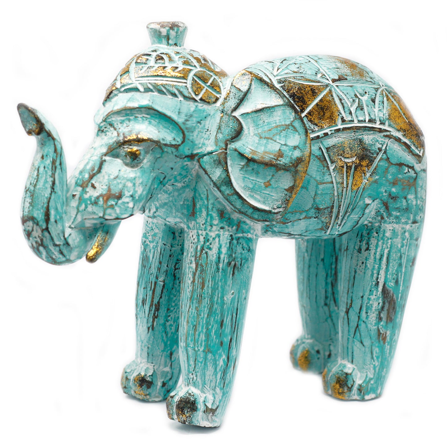 Wood Carved Elephant - Turquoise Gold