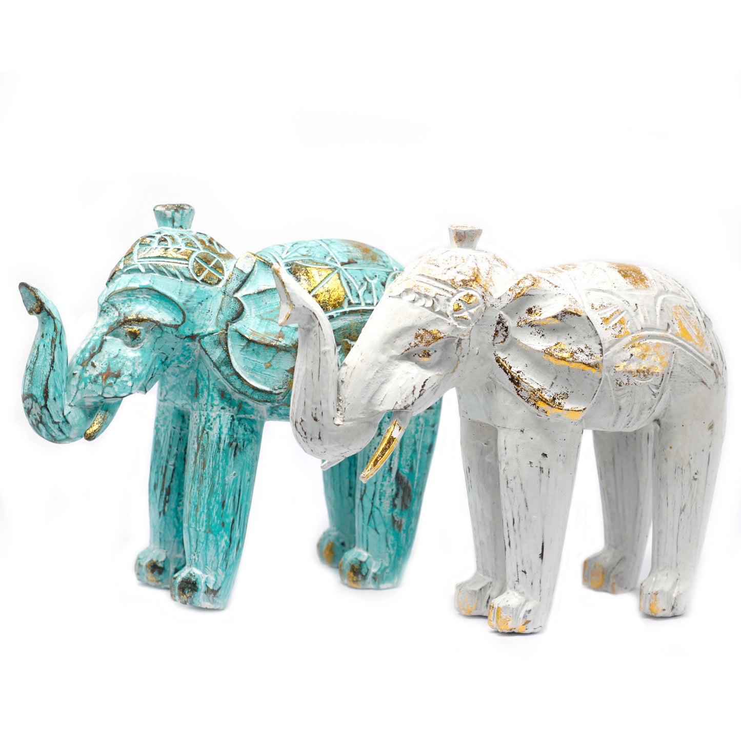 Wood Carved Elephant - Turquoise Gold