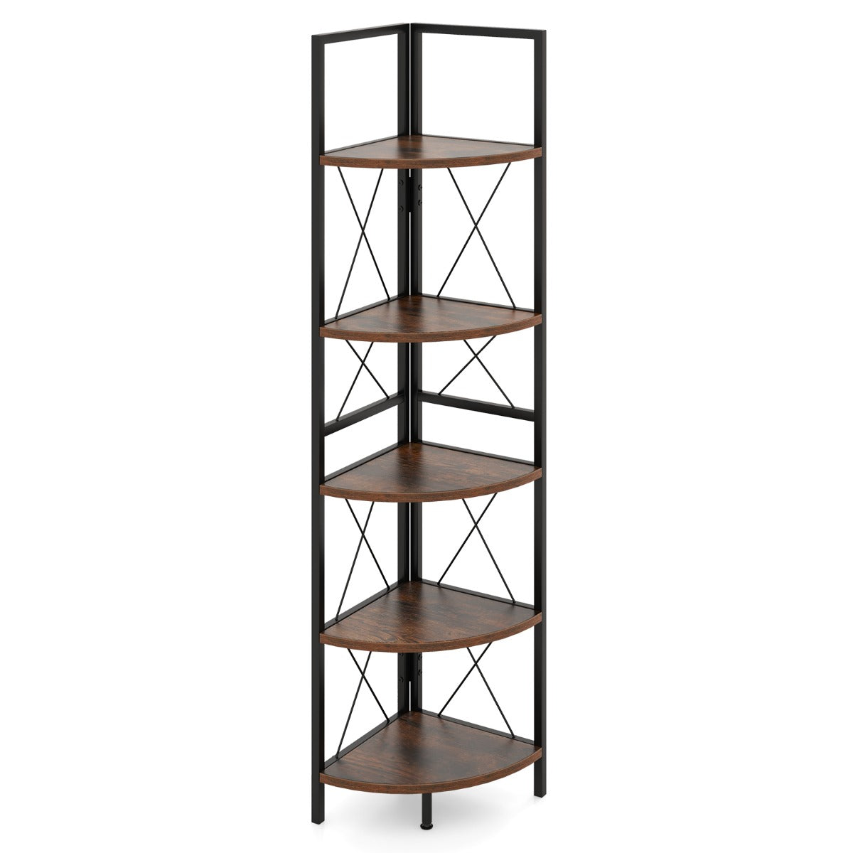 160 CM 5 tier Corner Bookshelf with Metal Frame X-shaped Brackets-Oak