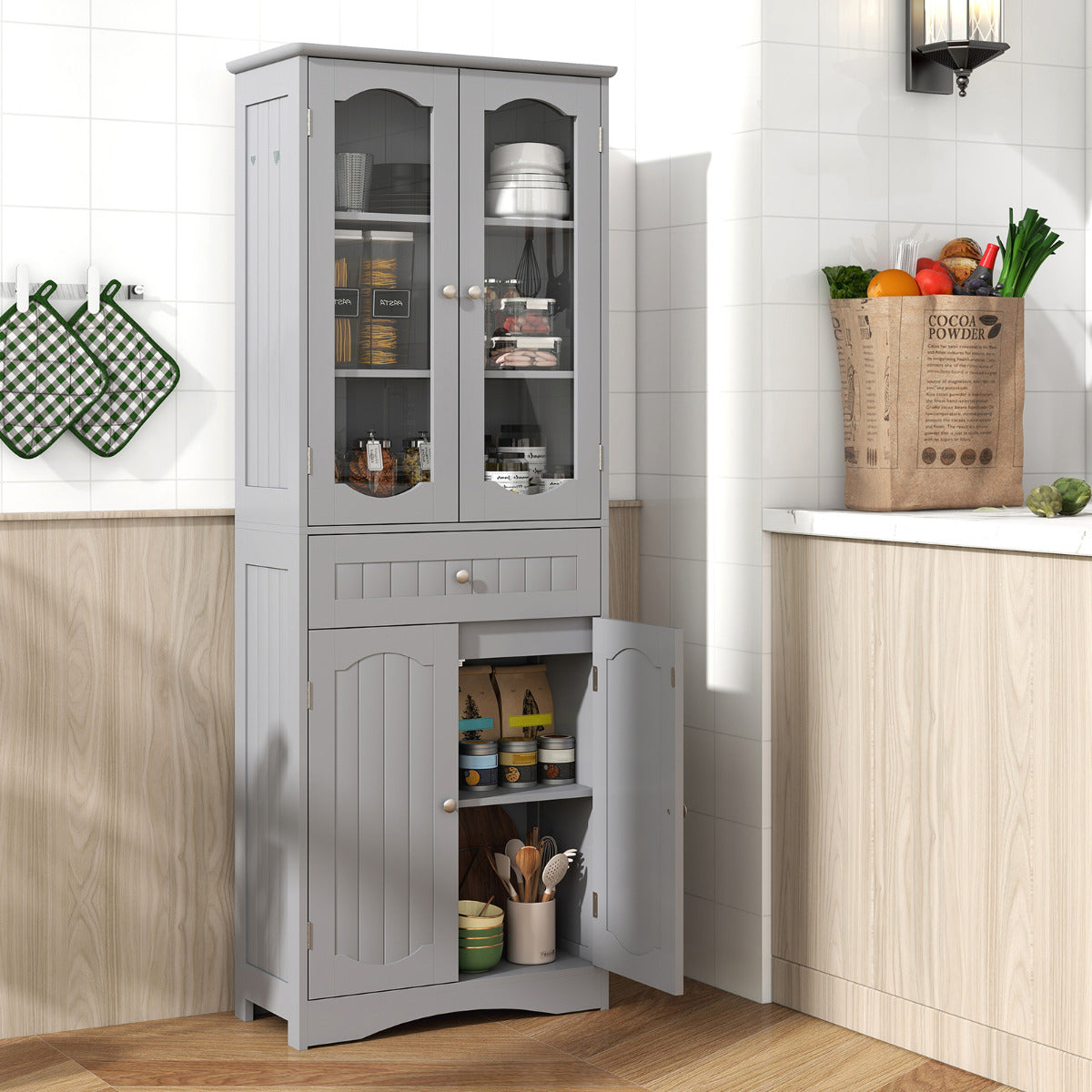 160cm Freestanding Linen Tall Bathroom Storage Cabinet with 2 Glass Doors-Black