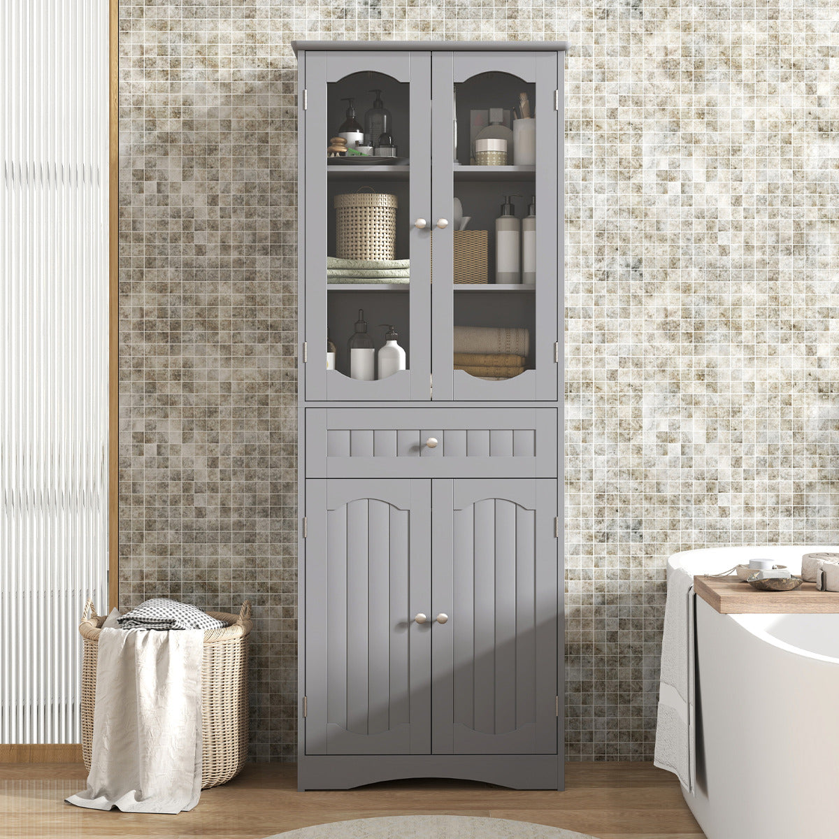 160cm Freestanding Linen Tall Bathroom Storage Cabinet with 2 Glass Doors-Black