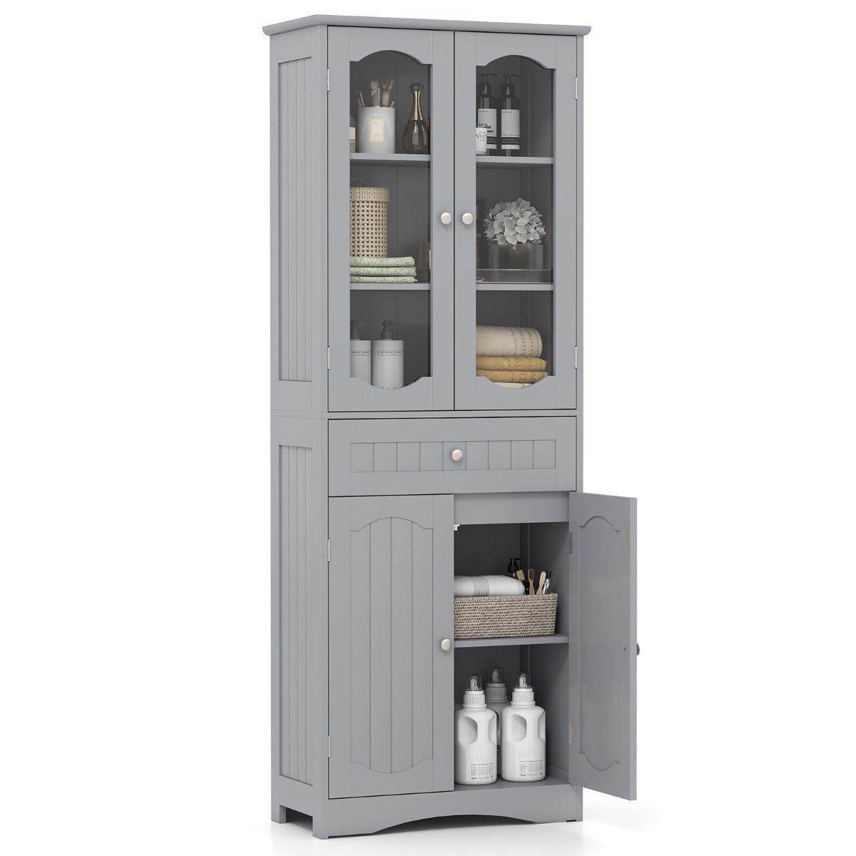 160cm Freestanding Linen Tall Bathroom Storage Cabinet with 2 Glass Doors-Black