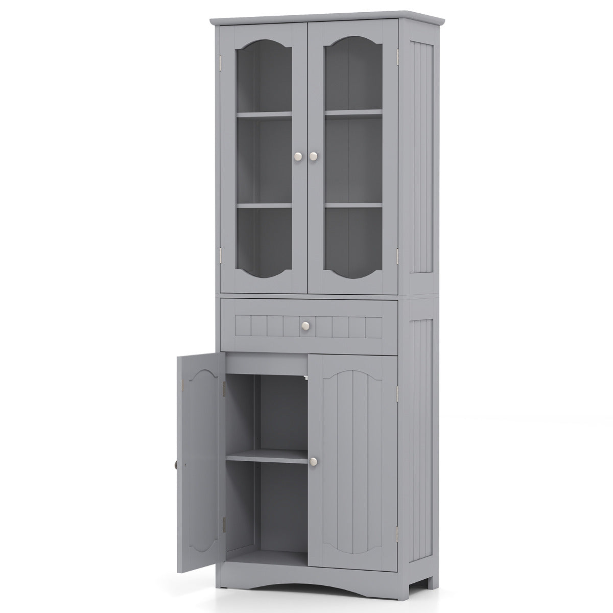 160cm Freestanding Linen Tall Bathroom Storage Cabinet with 2 Glass Doors-Black