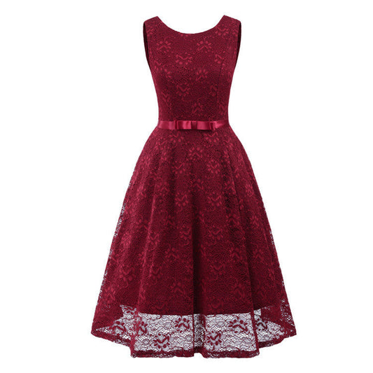 Women’s Sleeveless Lace Dress – Round Neck, Long Elegant Bridesmaid & Evening Gown