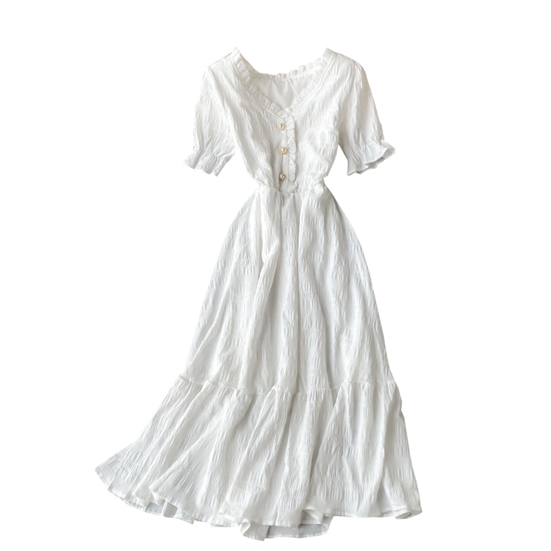 Women White Dress Summer Elegant V-neck Single-breasted