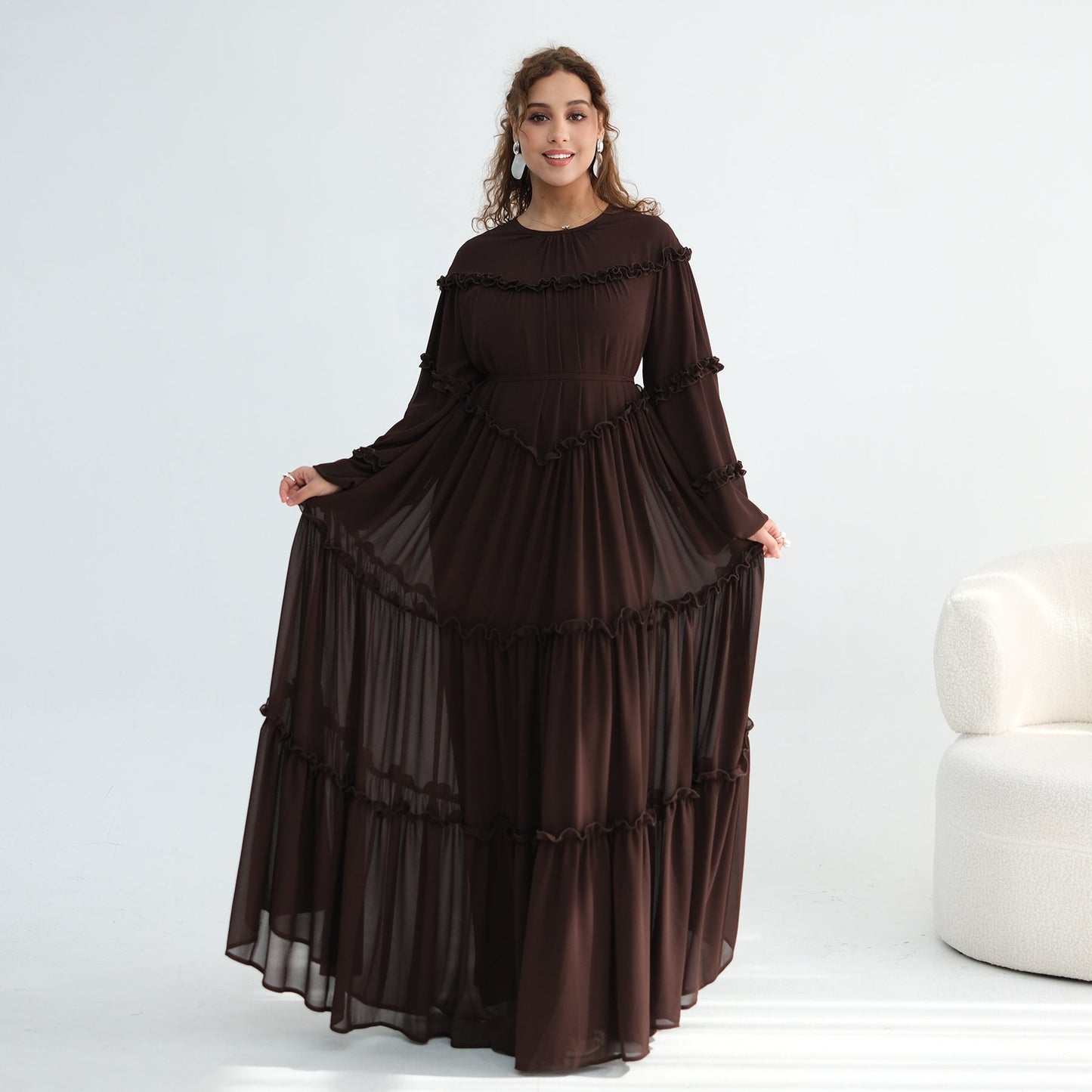Lace-Trimmed Tiered Modest Dress - Long Sleeve A-Line Maxi