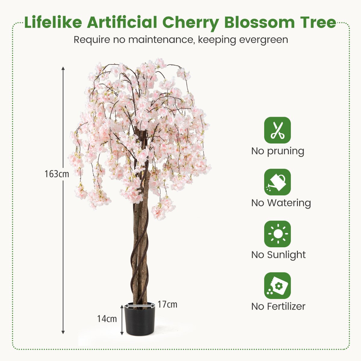 163CM Tall Artificial Cherry Blossom Tree with Flowers-Pink