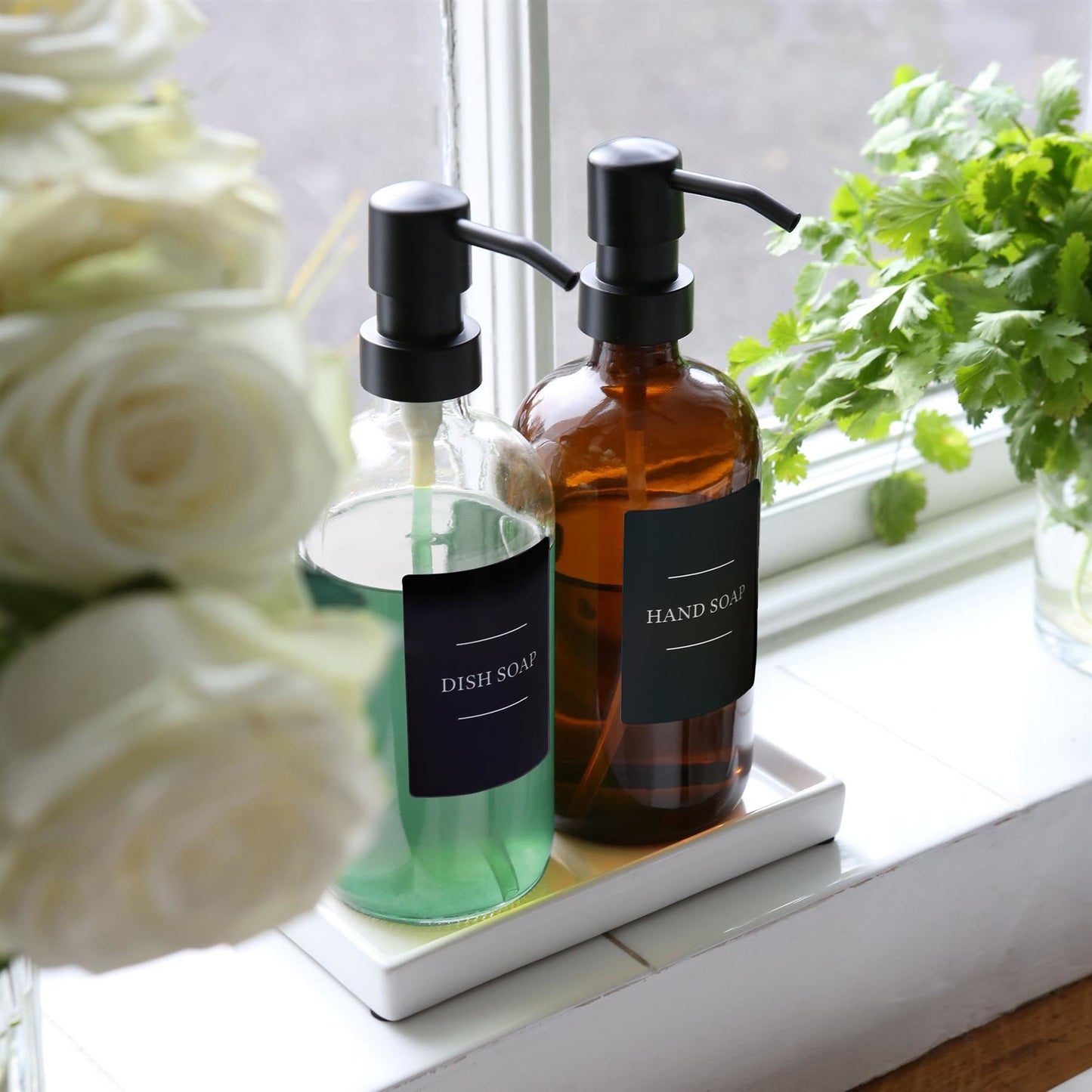 2pc 500ml Amber Glass Soap Dispenser with Black Labels & Ceramic Tray