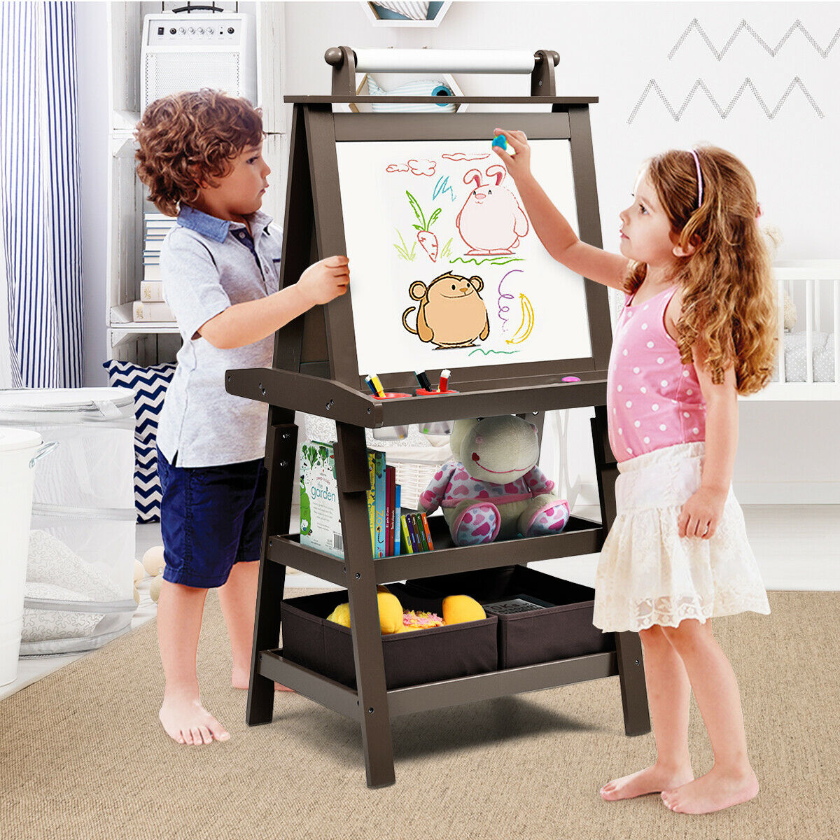 Children's Double-Sided Art Easel with Paper Roll-Blue