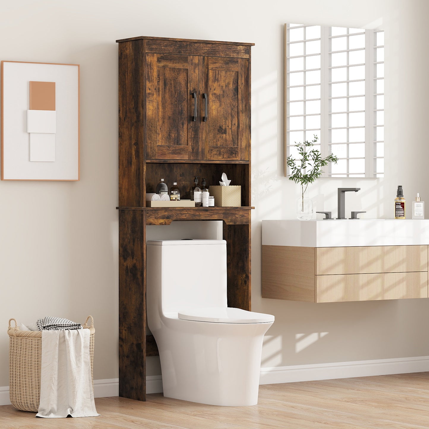 168 CM Over The Toilet Storage Cabinet with 2 Doors and Adjustable Shelf-White