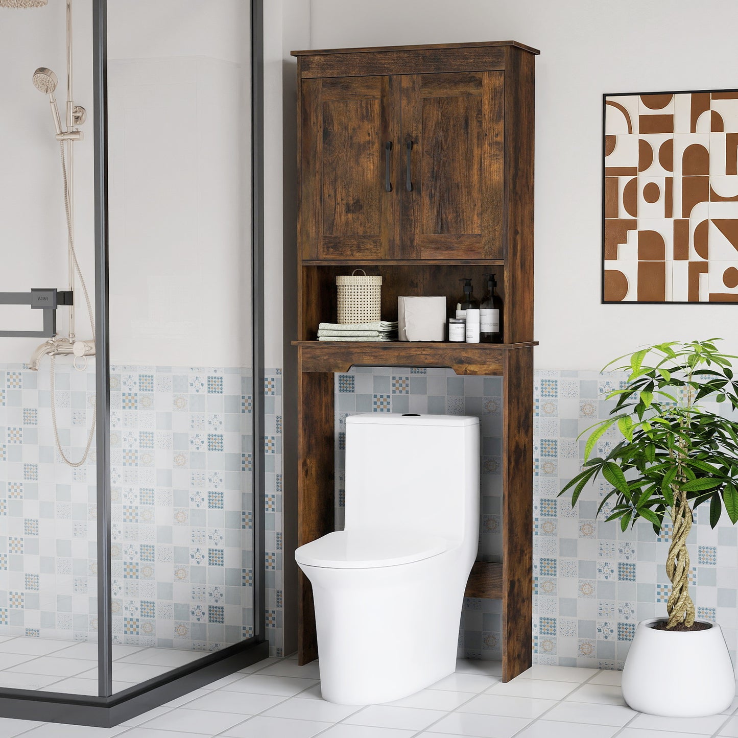 168 CM Over The Toilet Storage Cabinet with 2 Doors and Adjustable Shelf-White