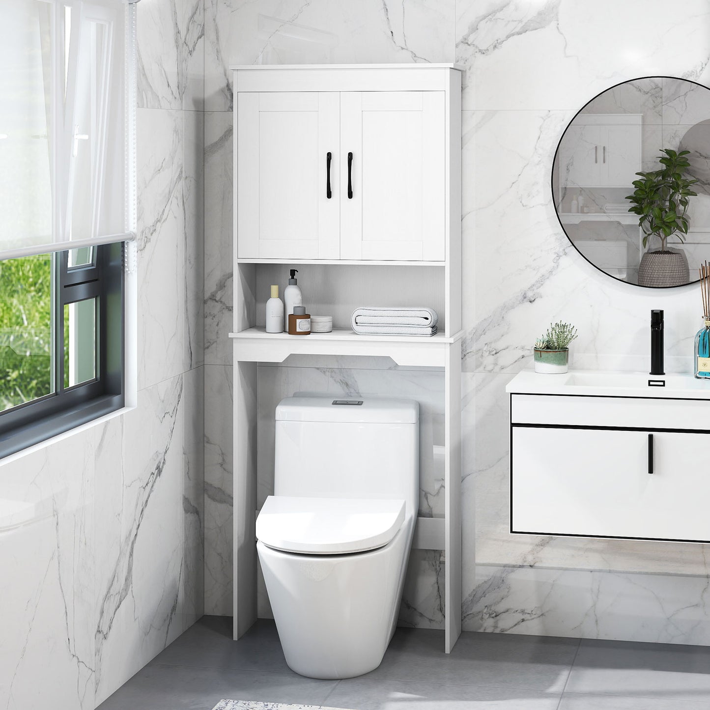 168 CM Over The Toilet Storage Cabinet with 2 Doors and Adjustable Shelf-White
