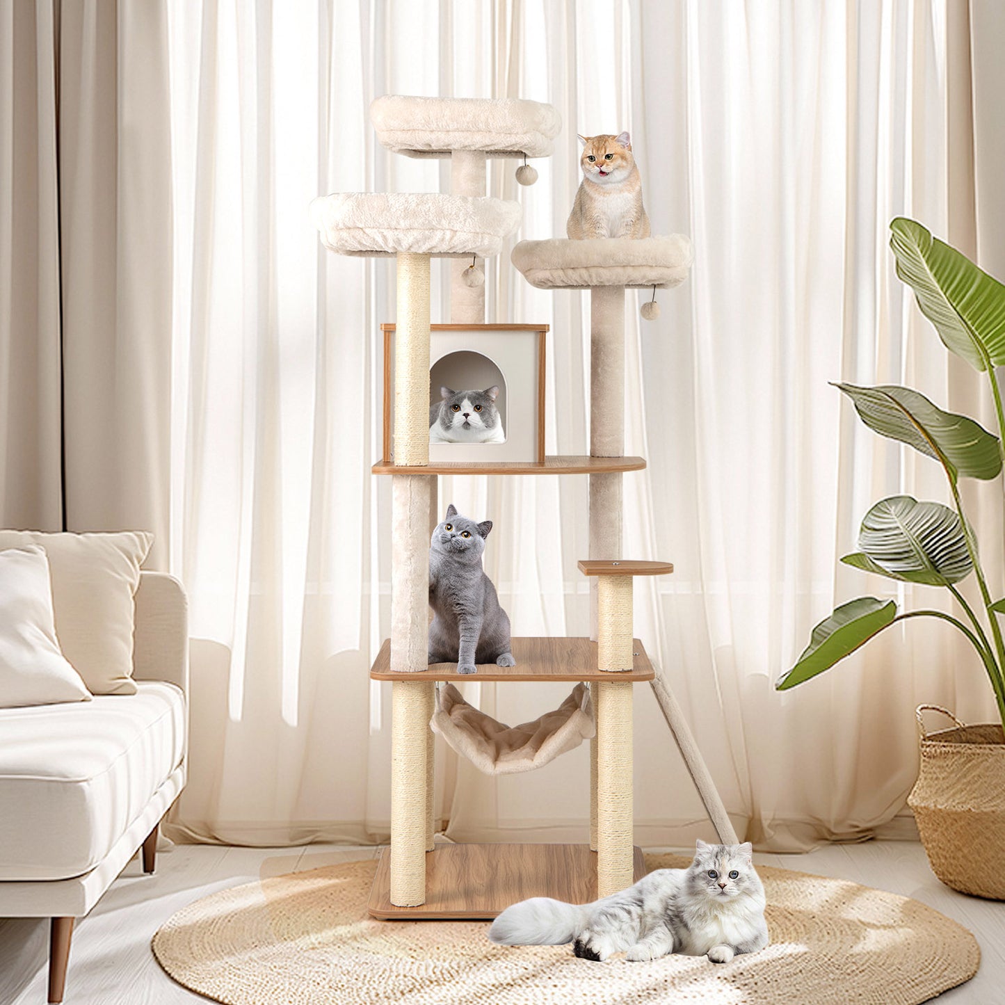 168CM Tall Cat Tree Wood Cat Tower with 3 Padded Perches-Natural