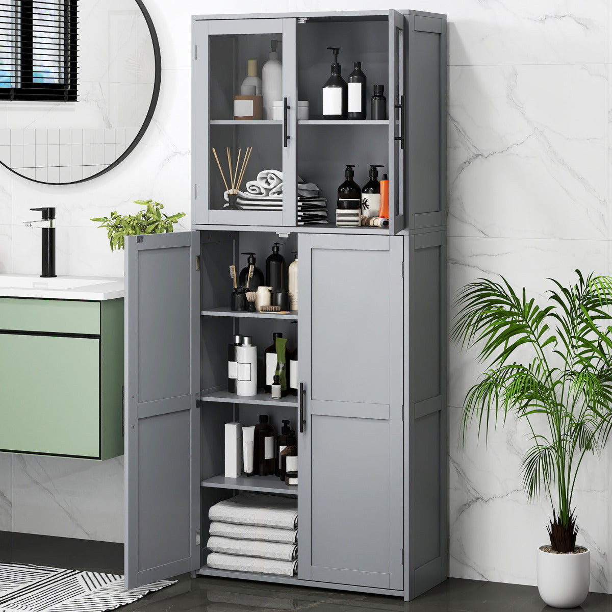168CM Tall Freestanding Cleaning Tool Cabinet with Doors and Shelves-White