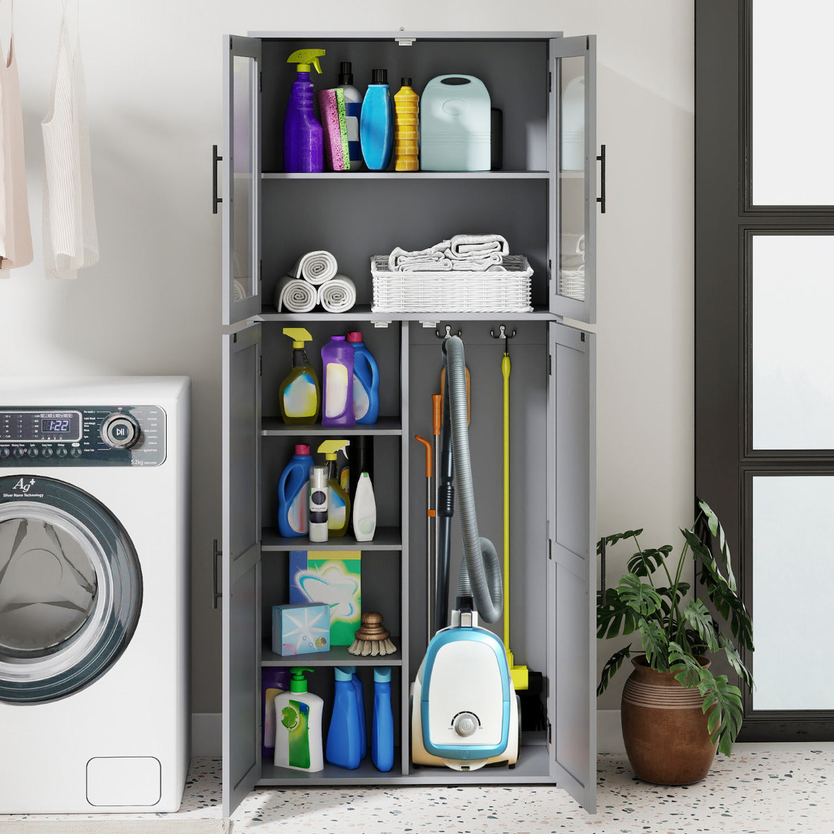 168CM Tall Freestanding Cleaning Tool Cabinet with Doors and Shelves-White