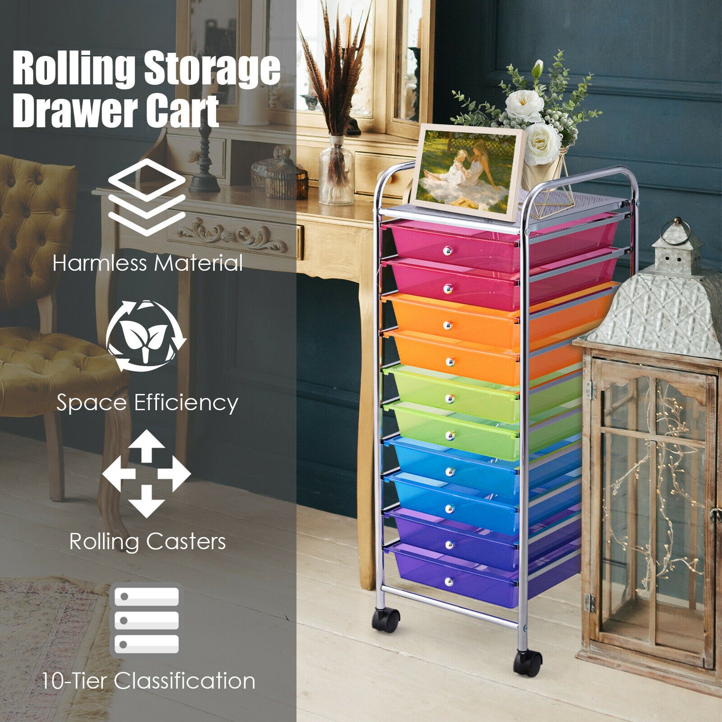 10 Drawers Mobile Storage Trolley with 4 Wheels for Beauty-Black