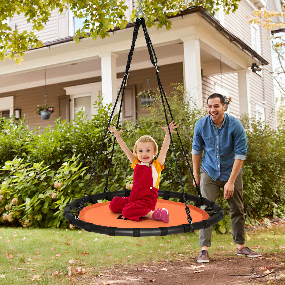 Kids Round Tree Swing with Adjustable Ropes and Hook Rings-Orange