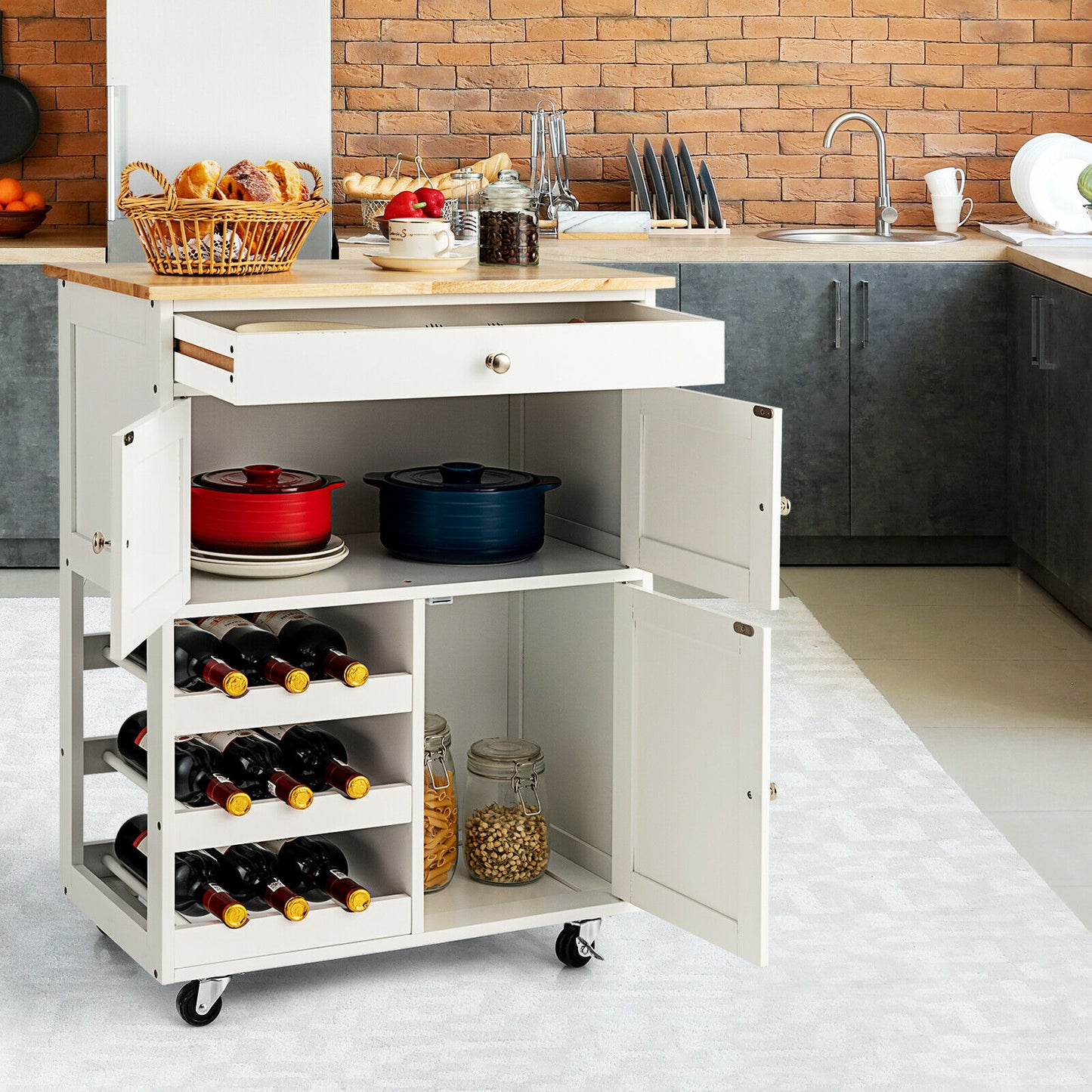 Rolling Kitchen Cart with 3 Tier Wine Racks and Cupboards-Brown