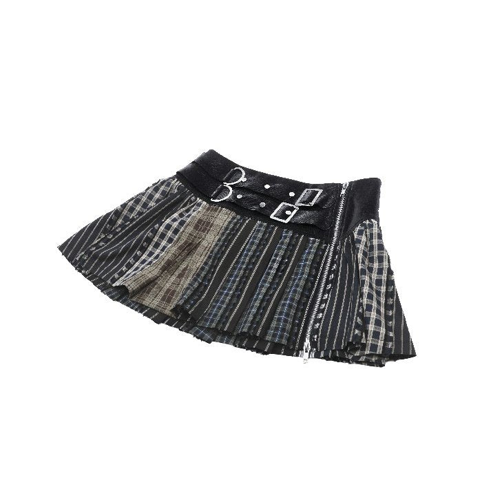 Dark in Love Sage Tartan Patchwork Leather-Waist Pleated Mini Skirt - Size UK 16 Left Only!