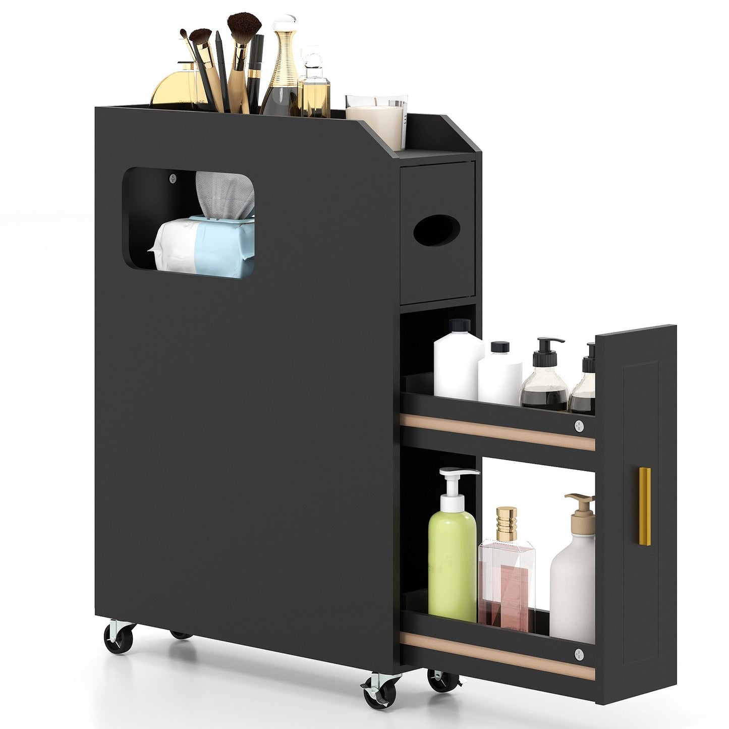 16 CM Small Bathroom Storage Cabinet with Slide Out Drawer-Black