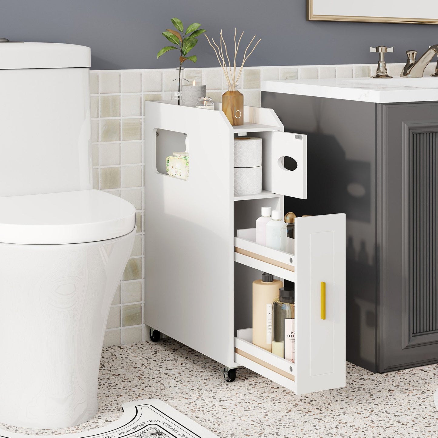 16 CM Small Bathroom Storage Cabinet with Slide Out Drawer-Black