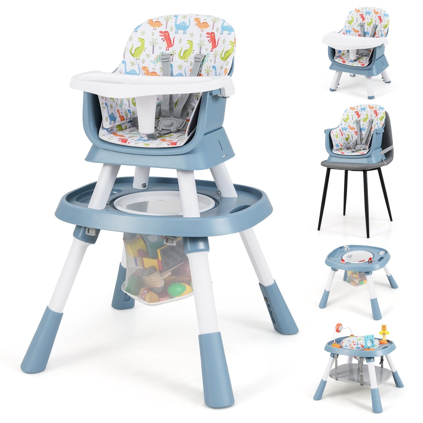 16-in-1 Convertible Baby High Chair with Removable Tray and 5-Point Harness-Blue