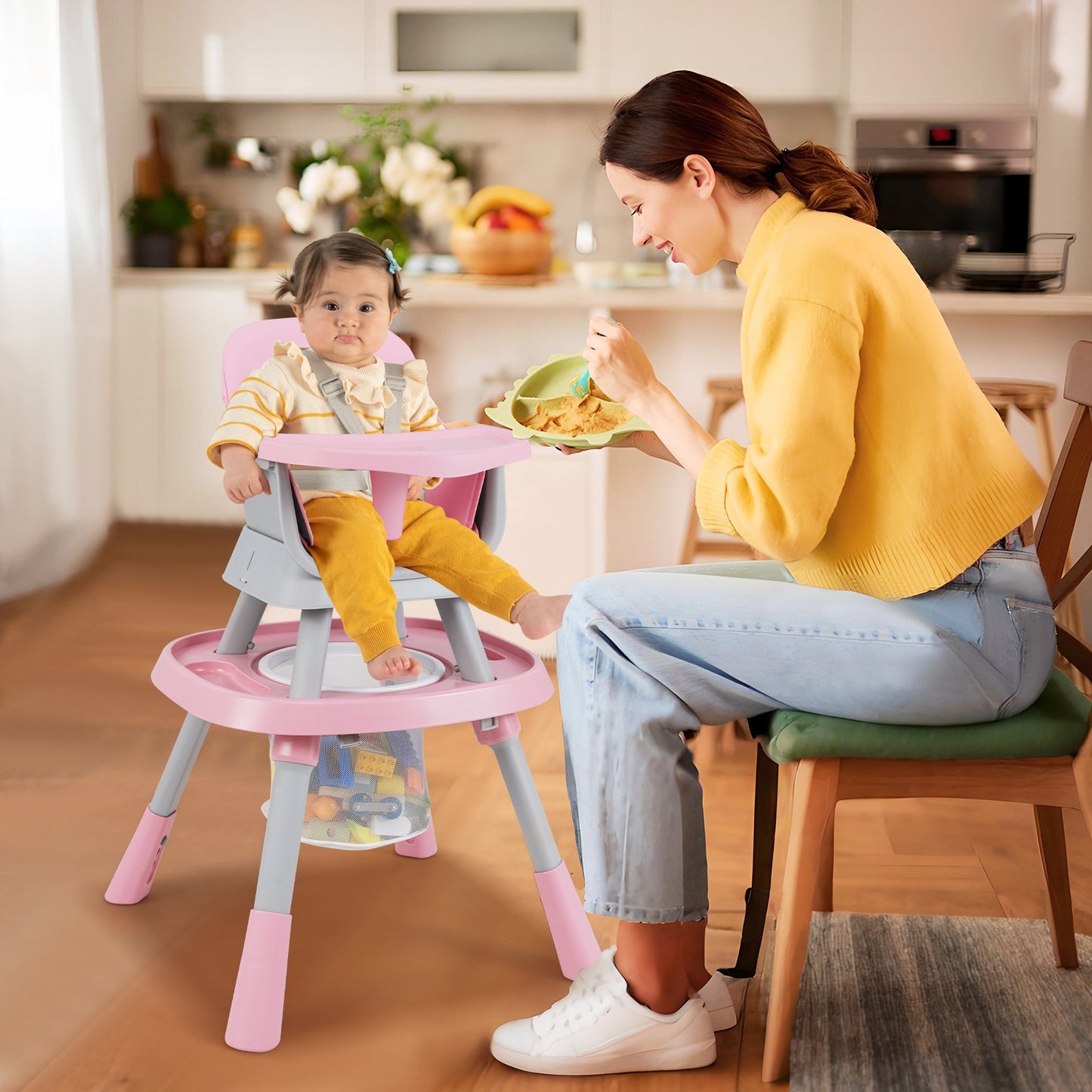 16-in-1 Convertible Baby High Chair with Removable Tray and 5-Point Harness-Blue