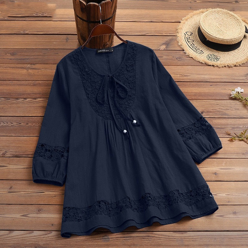 Cotton And Linen Stitching Lace 34 Sleeve Loose Women's Top T-shirt