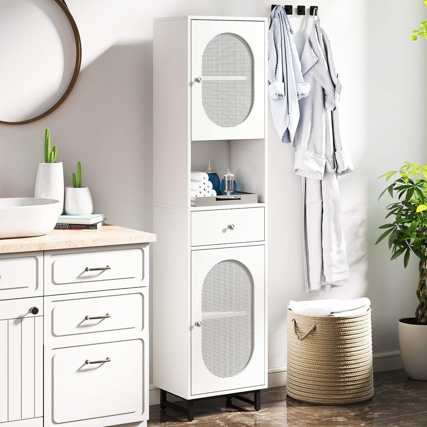 170cm Tall Bathroom Cabinet with 2 Doors and Open Compartment-Natural