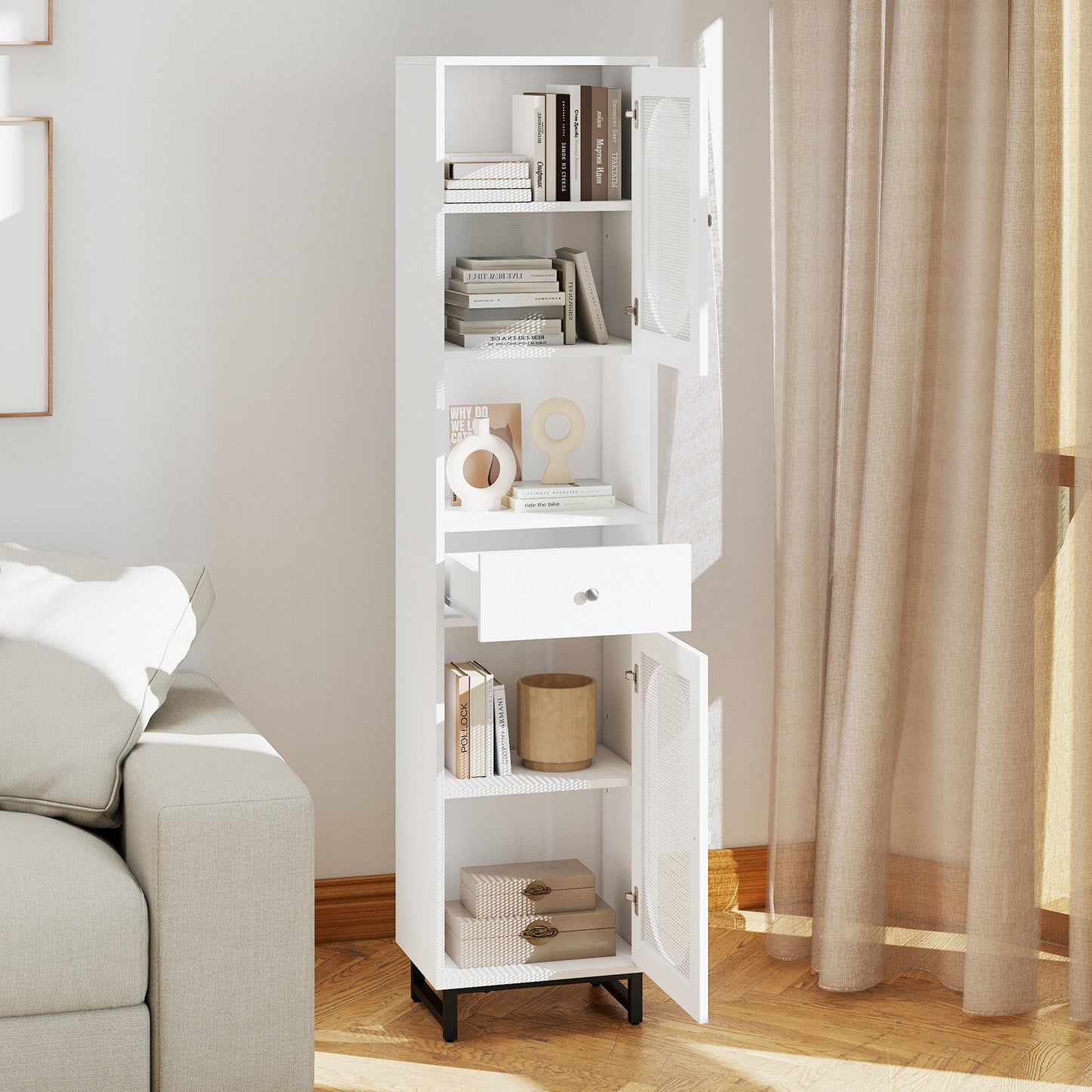 170cm Tall Bathroom Cabinet with 2 Doors and Open Compartment-Natural